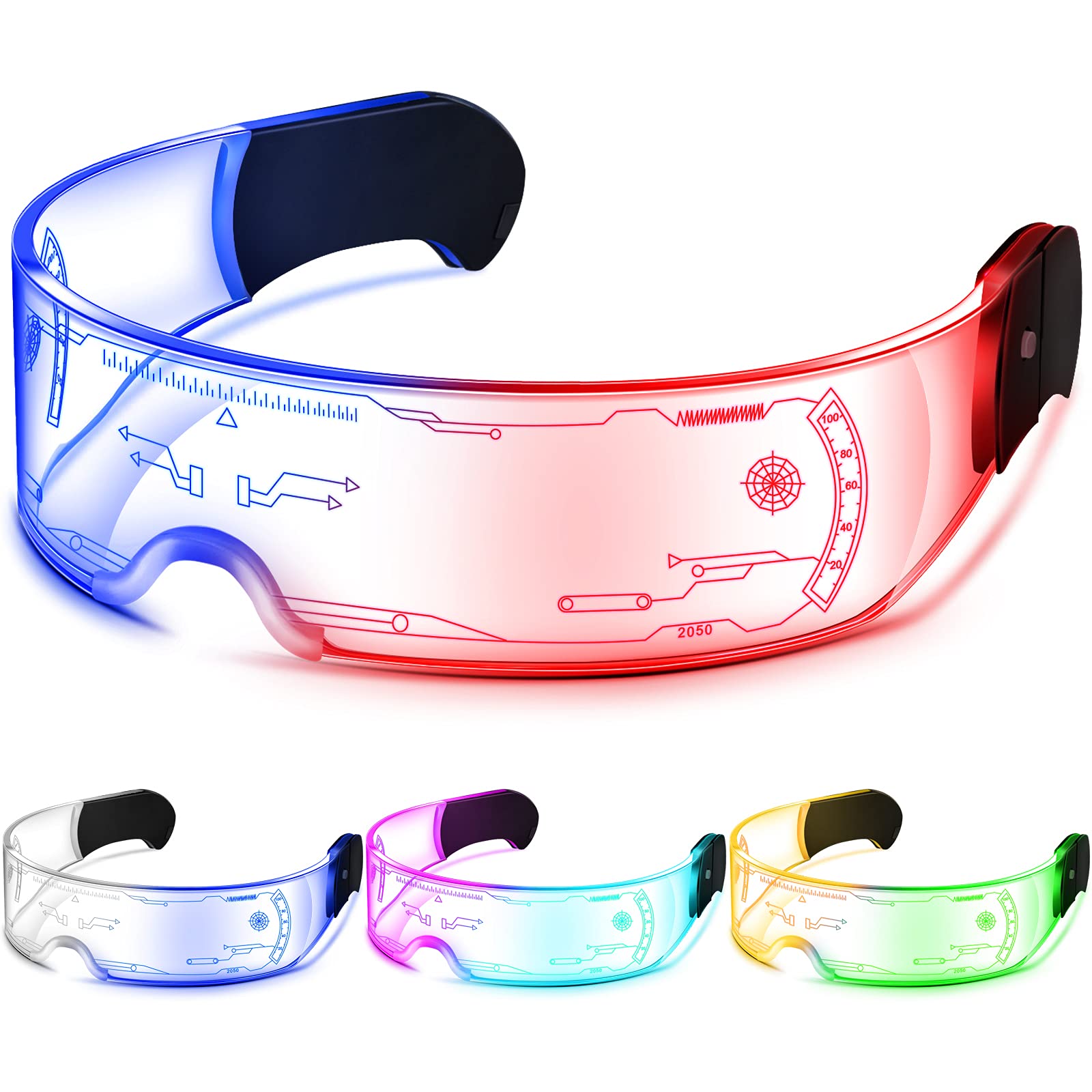 TOODOO4 Pairs LED Visor Glasses Light up Glasses Futuristic Luminous Rave Glasses 7 Colors 4 Modes for Club Christmas Party