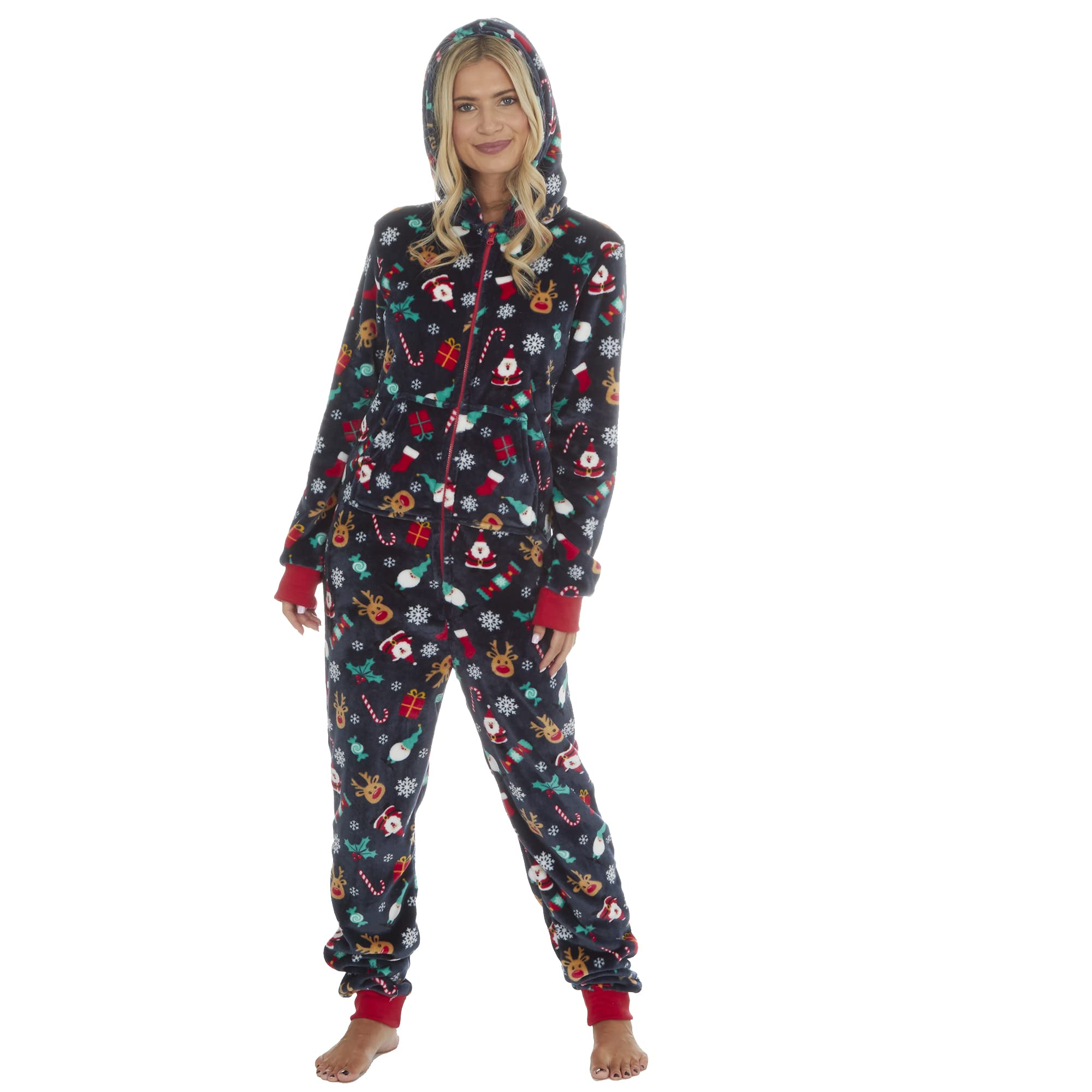 Metzuyan WS-AW22 Ladies Womens Hooded Onesie Christmas All in One Jumpsuit Xmas One Piecie PJs Navy S-M
