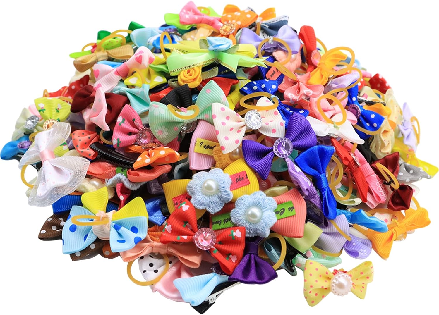 200 Pcs Dog Hair Bows, 100 Pairs Metal Clip Dog Bowknot with Pearls & Flowers for Groomer Boy Girl Yorkie Puppies Small Dogs Cats Pets Topknot Matching Hair Grooming Accessories(Random Color)