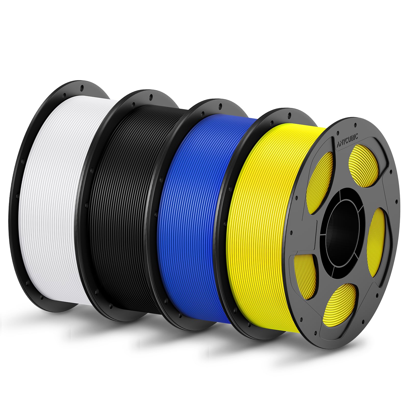 ANYCUBIC Filamento PLA 1,75 mm, Filamento PLA per Stampante 3D, Confezione Sottovuoto, Identificazione Intelligente, Bianco, Nero, Blu, Giallo 4KG | Biodegradabile senza bolle Estrusione Fluida Anti-Gondolaggio con Chip Autodetective Compatibile Stampante 3D e ACE Pro