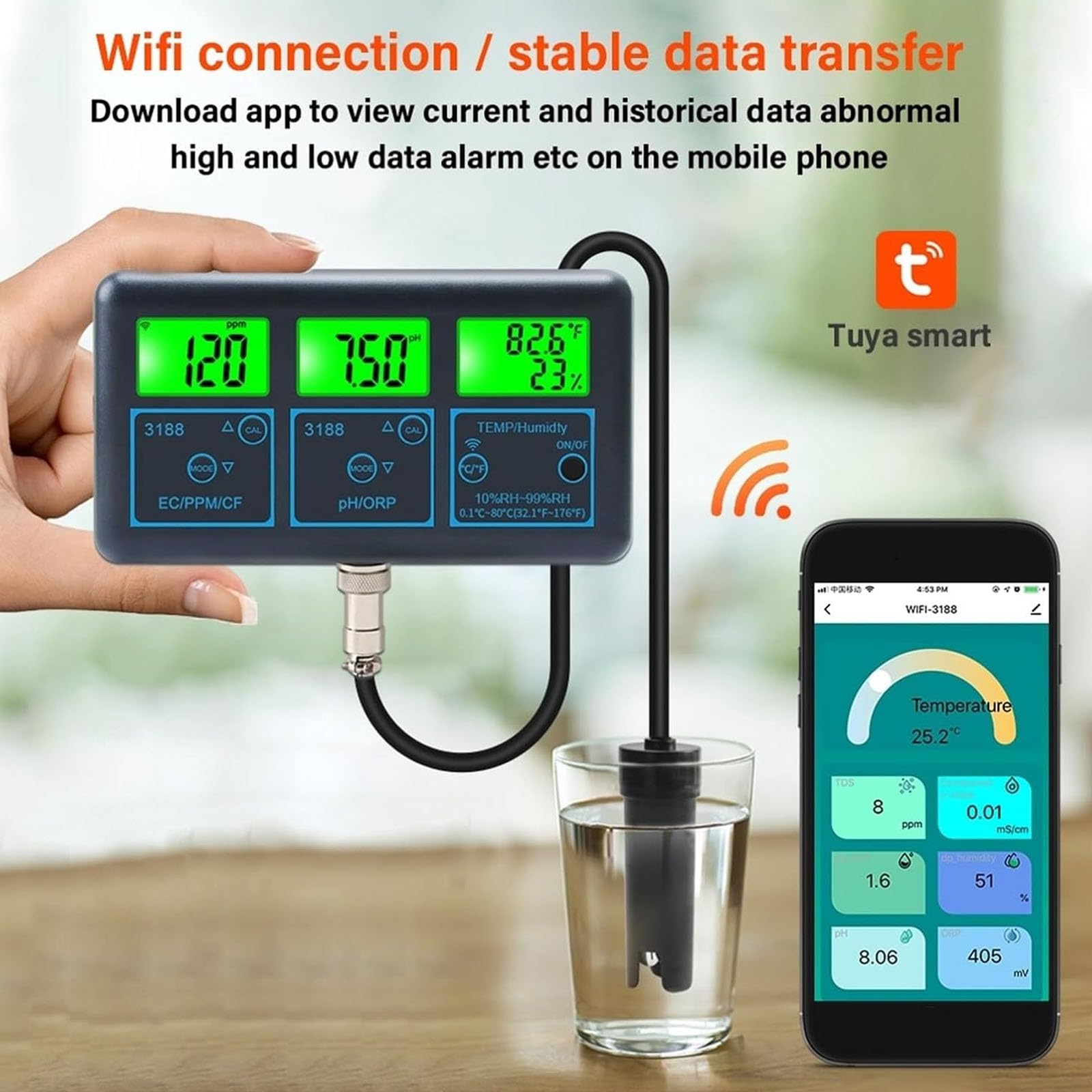 7 in 1 Tester di qualità dell'Acqua, Misuratore Intelligente di Test dell'Acqua con Display LCD App Smart Monitor Connessione WiFi per Piscina Idroponica Acquari Acqua Potabile