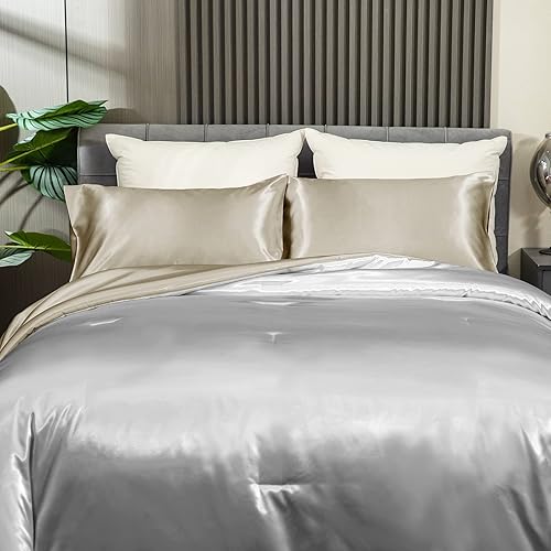 Miniatura 7 de REDKEY Juego de edredón de satén tamaño King, lujoso juego de edredón reversible reversible de dos colores con 2 fundas de almohada, tamaño King,