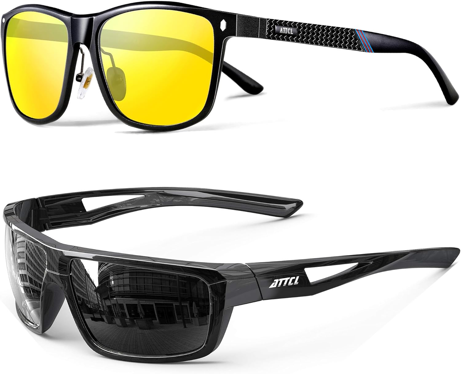 ATTCL Bundle Sports Polarized Sunglasses For Men Cycling Driving Fishing 100% UV Protection:(7001-yeshi)+(2021-Black+grey)