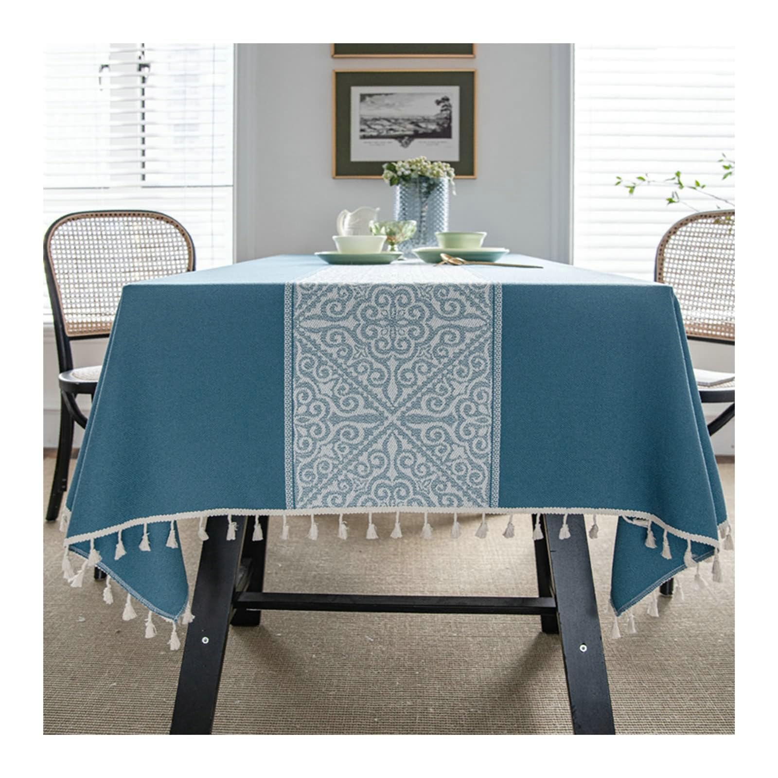 Gualiy Mantel Mesa Cuadrada Tela, Poliéster Mantel Mesa Sala 140x220CM Manteles de Mesa Antimanchas Jacquard de Flores con Borlas Mantel para Mesa Salon, Azul