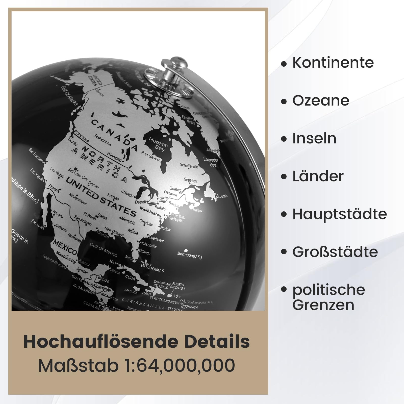 COSTWAY 20cm Globus - Englische Karte, 360° drehbar, Weltkugel mit Metallständer, pädagogisches/geographices Schülerglobus, Globus Deko, Erdkugel modern, für Zuhause, Büro & Schule (Silber)