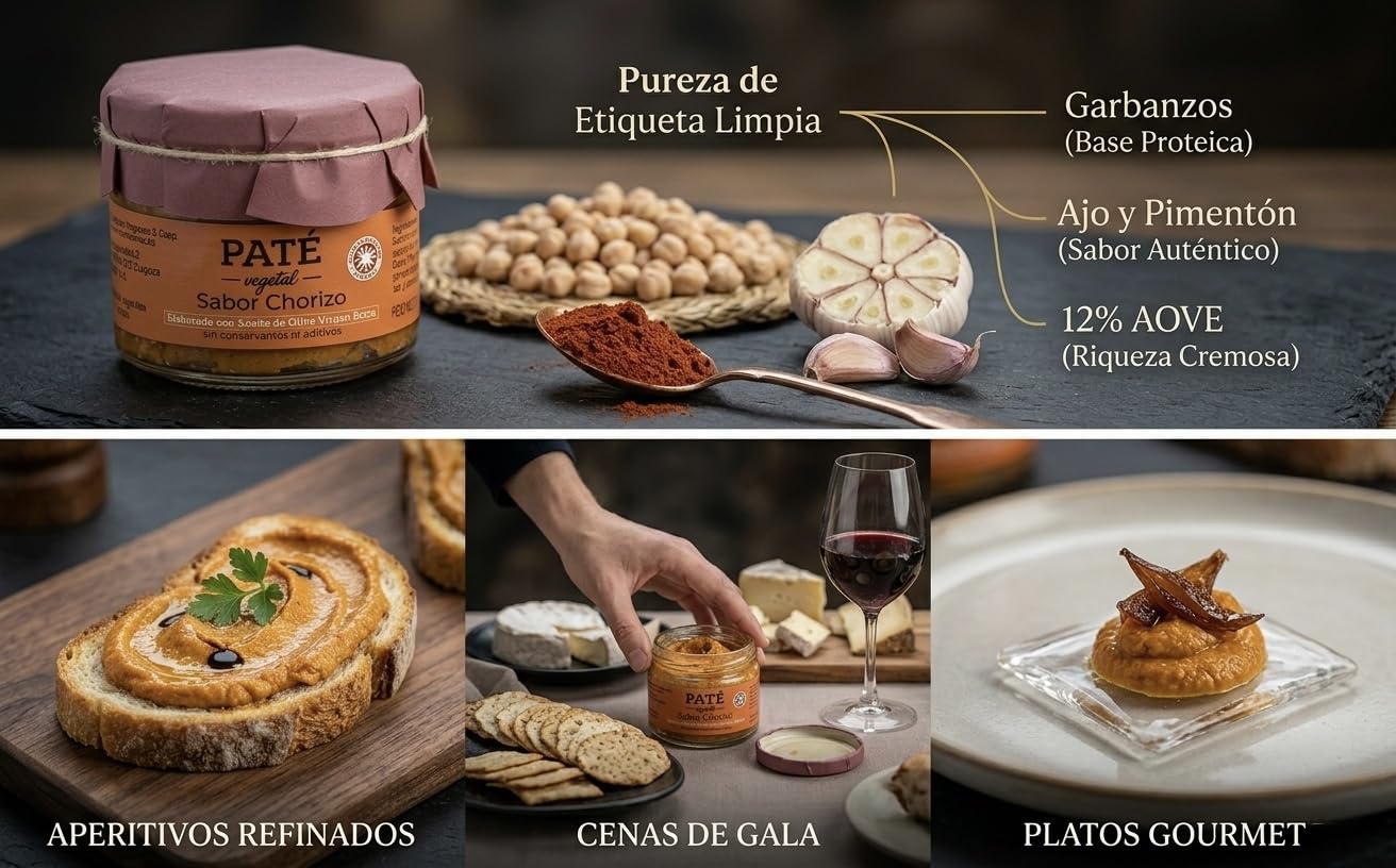 Paté Vegetal Sabor Chorizo (Pack 4x115g) Alternativa Saludable- Con AOVE y Proteína de Garbanzo - Vegano, Gourmet - Sin Aditivos