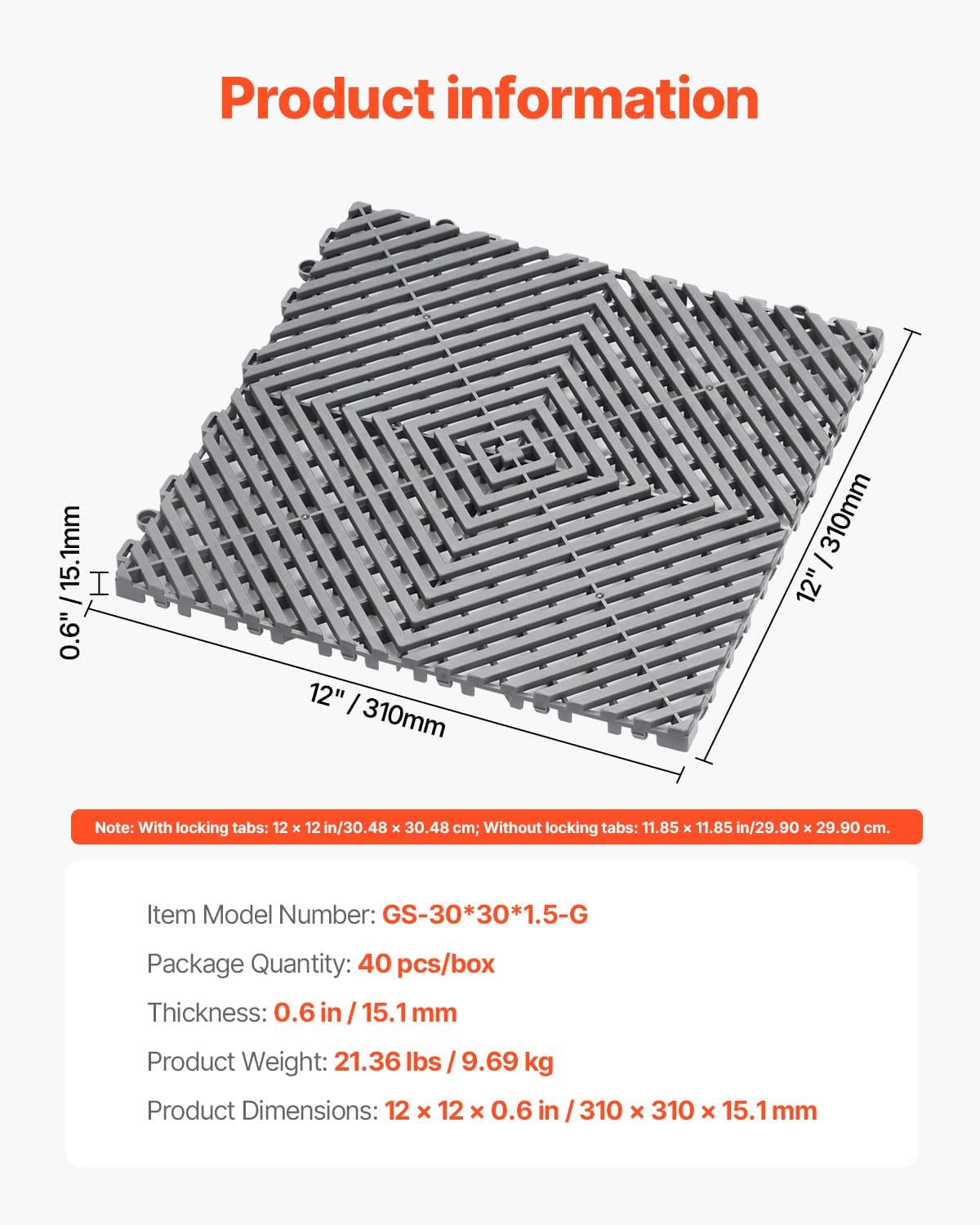 VEVOR Interlocking Drainage Mat, 12” x 12” Modular Interlocking Cushion, 40 Pcs Splicing Drainage Mats, Non-Slip PP Drainage Floor Tile and Shower Mat, for Garage, Garden, Kitchen & Outdoor, Gray