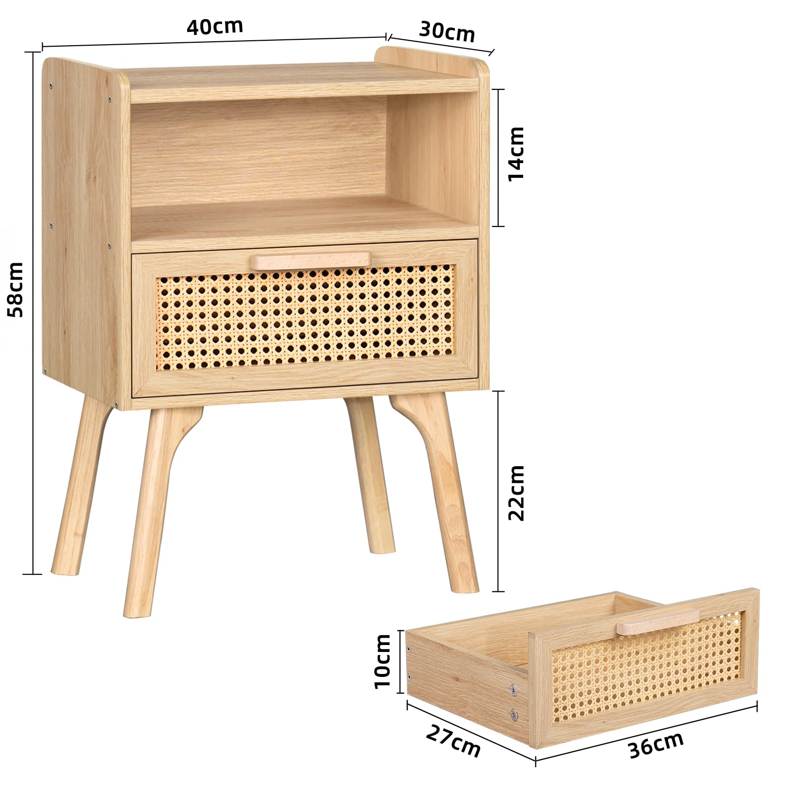 LELELINKY Rattan Nachttisch, Boho Beistelltisch aus Holz | Beine aus Massivholz, Schublade mit Rattan-Geflecht & offenes Regal, Kompakter Nachttisch für Schlafzimmer und Wohnzimmer