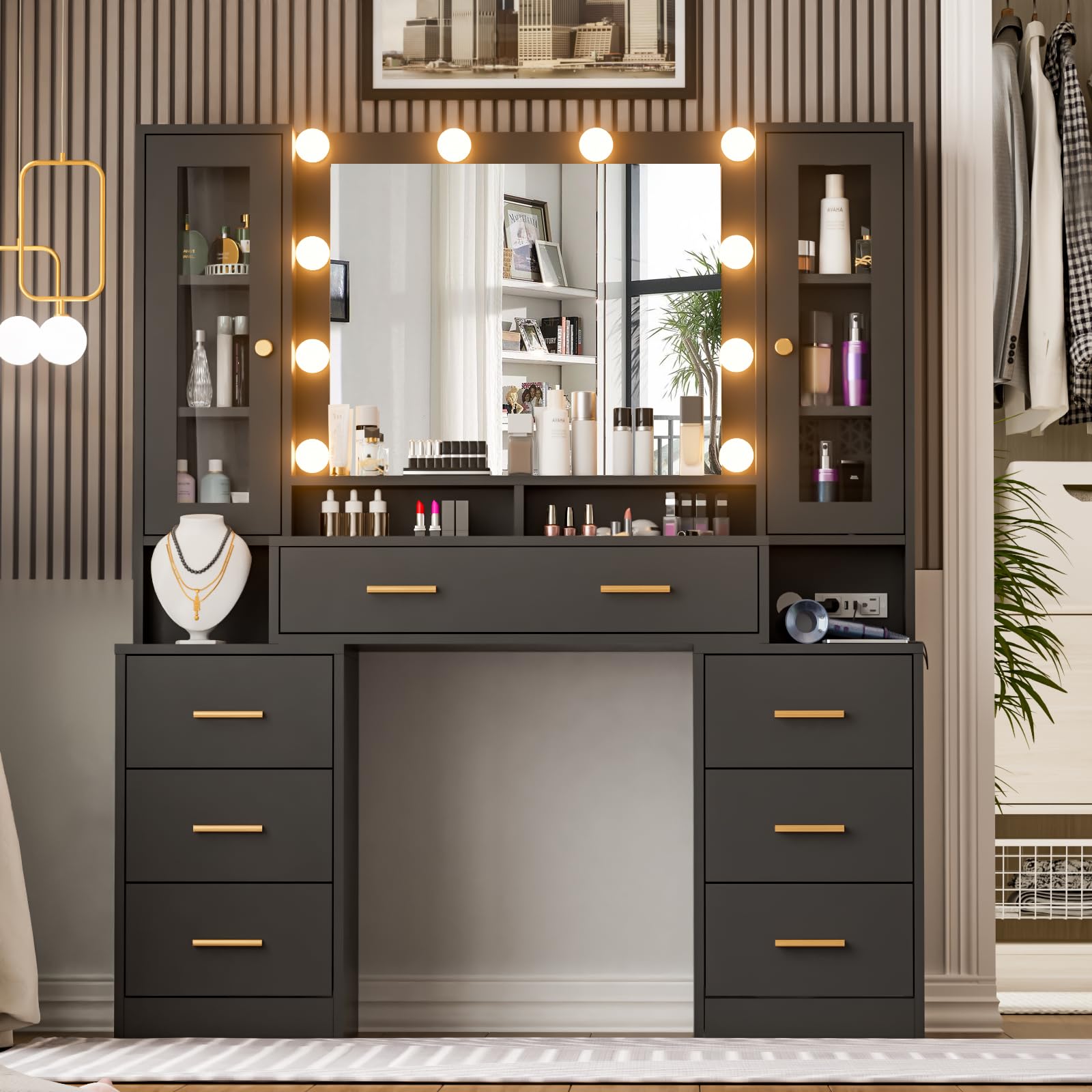 Amazon.com: Vanity Desk with Mirror and Lights - 49" W Makeup Vanity ...