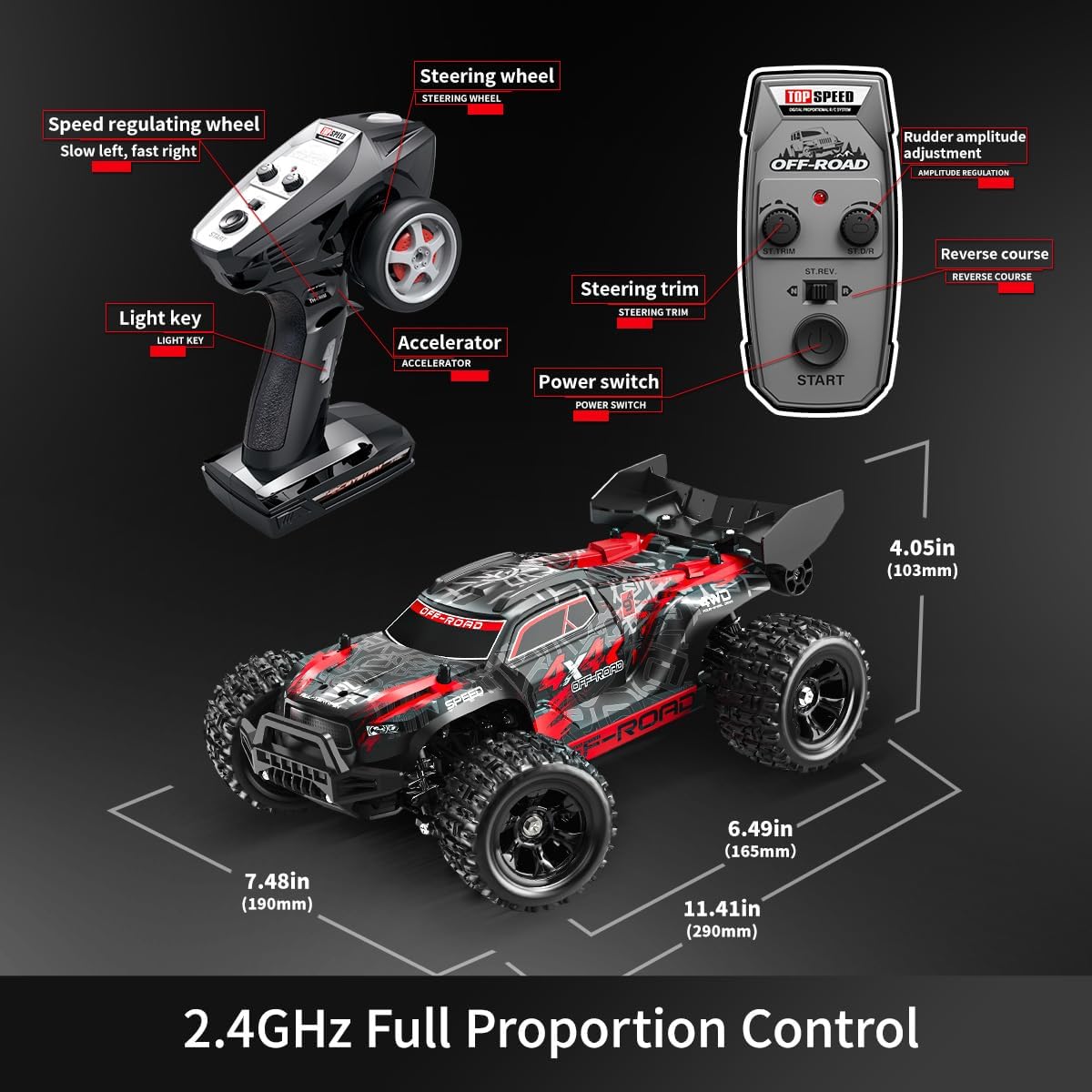 1:18 Scale RC Cars All Terrain Off Road 4WD Remote Control Car 36KM/H High Speed RC Monster Truck, Electric Vehicle with 2.4GHz Racing Car , Two 7.4V 1500mAh Rechargeable Batteries,for boys & adults