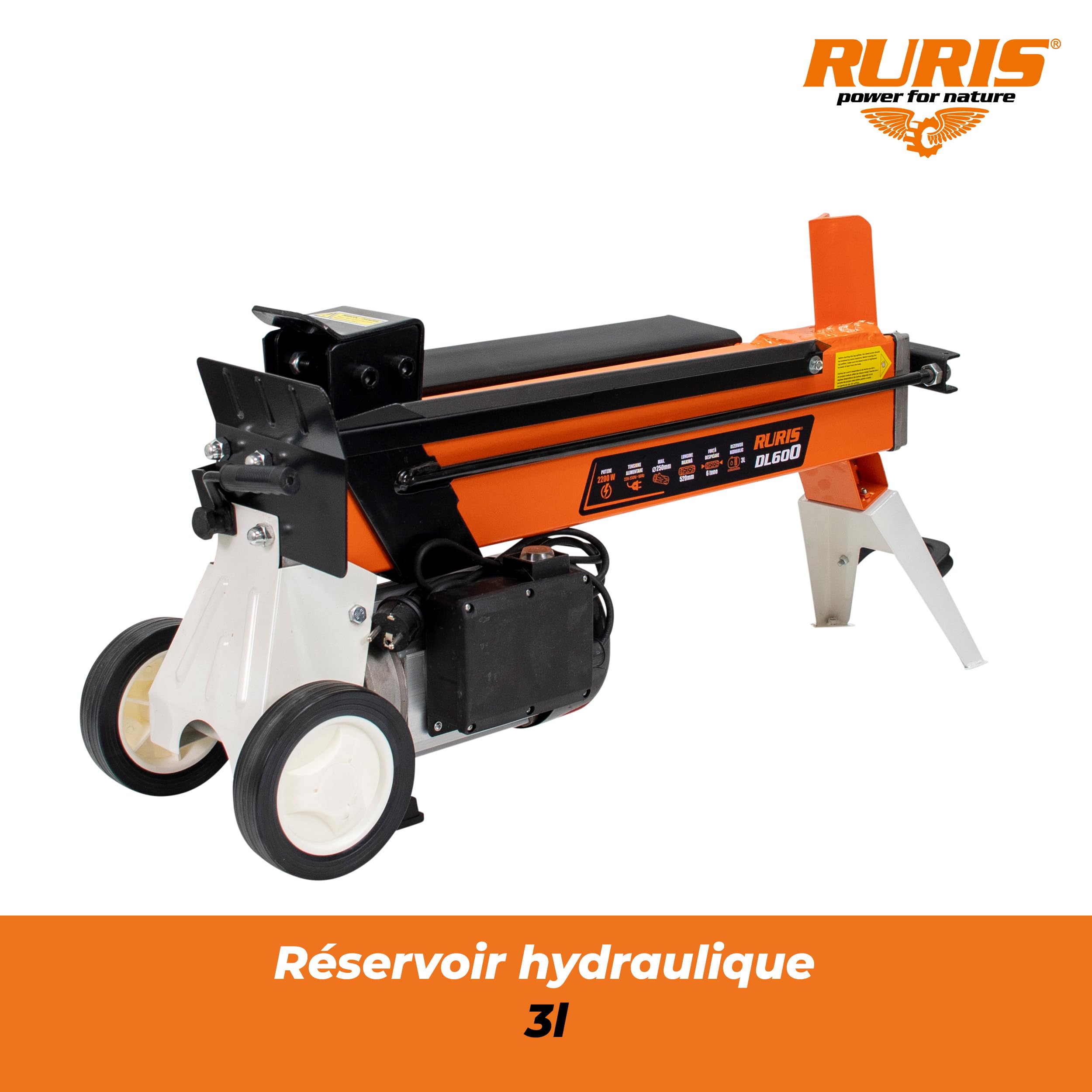 RURIS POWER FOR NATURE Fendeur de Bûches Électrique DL600-6 Tonnes, 2200W, 230V, Longueur Max 52 cm, Diamètre 25 cm, Compact et Transportable, pour Bois de Chauffage