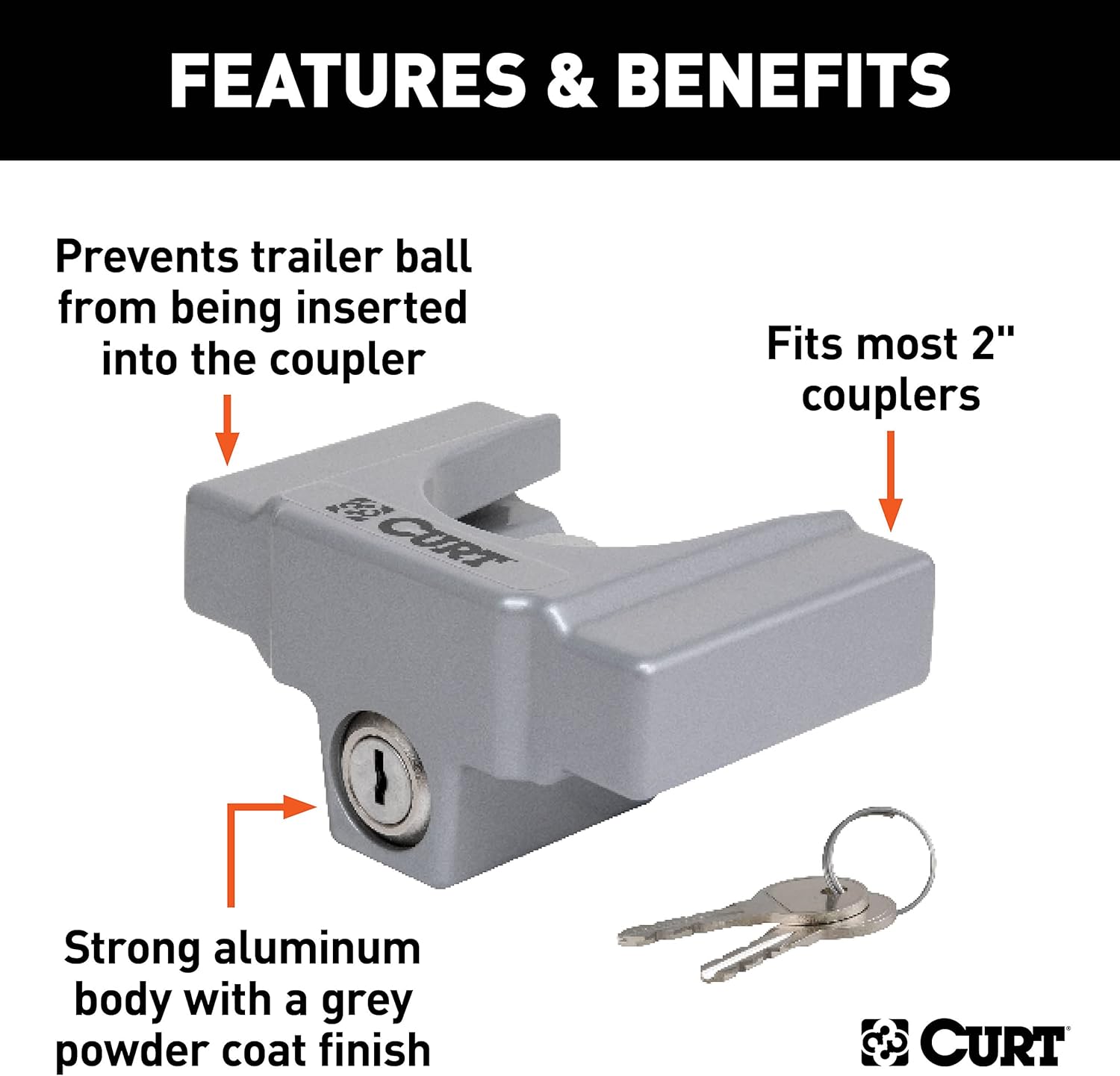 CURT 23079 Powder-Coated Aluminum Trailer Tongue Lock, Fits Most 2-Inch, 1-7/8-Inch Couplers