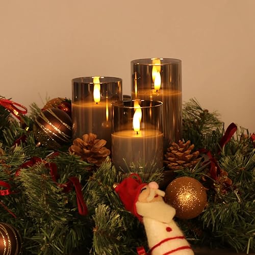 Miniatura 6 de Juego de 3 velas de cristal gris sin llama con control remoto y temporizador, velas LED de cera real controladas con llama 3D parpadeante, D 3