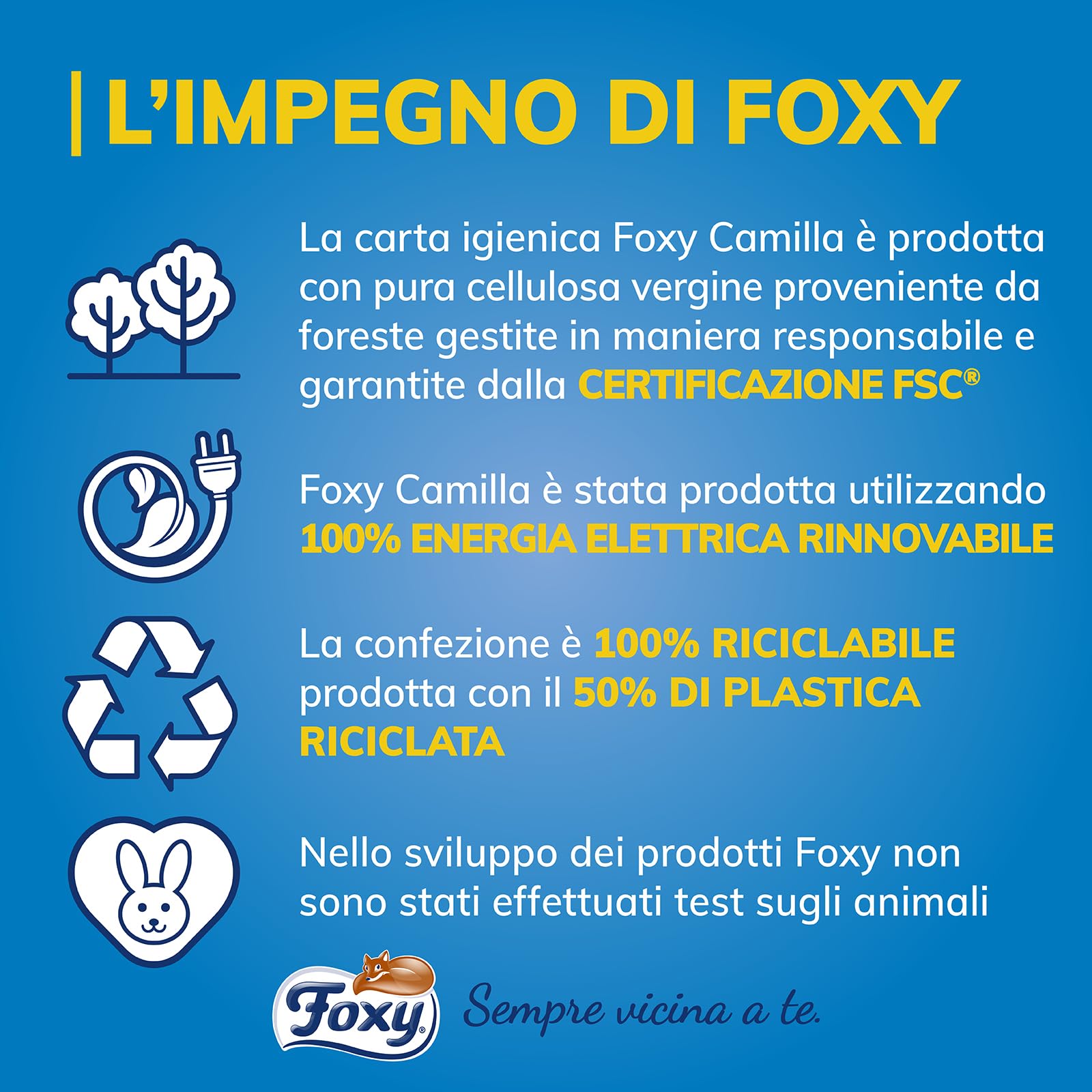 Foxy Camilla | Carta igienica 3 veli profumata alla camomilla | 56 rotoli | 160 strappi per rotolo | Carta 100% certificata PEFC | Confezione 100% riciclabile