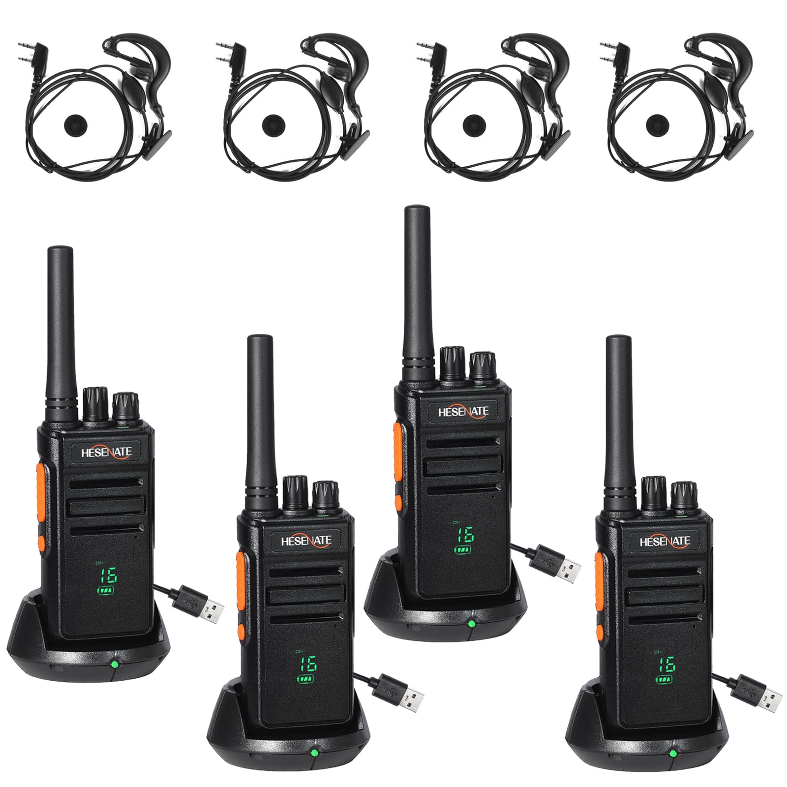 HESENATE HT66 Plus PMR446 sin Licencia Profesional Walkie Talkies | 16 Canales,con Pantalla,con Auriculares, para Hotel,Restaurant,4 Piezas