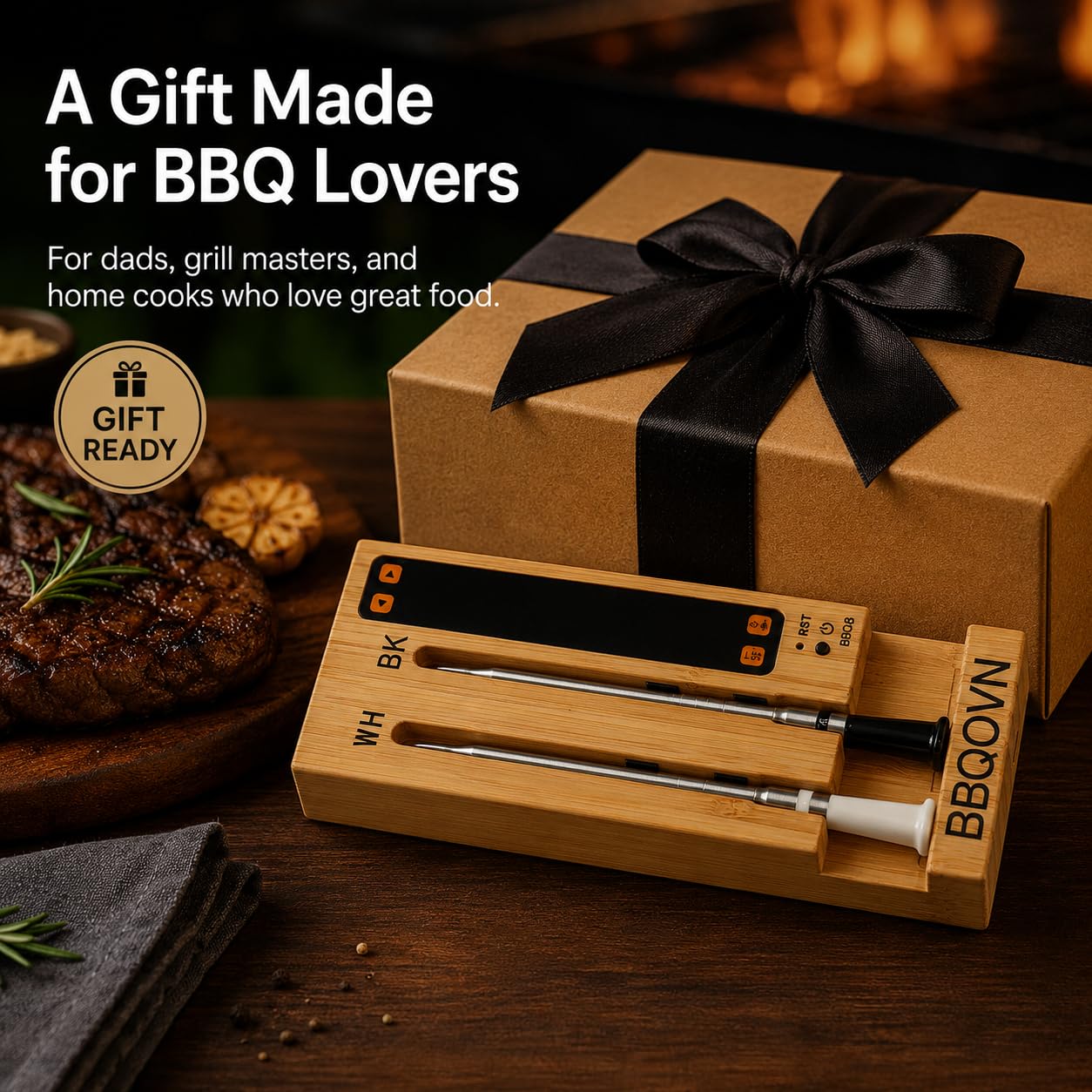 BBQOVN WiFi Sub-1G Wireless Fleischthermometer Unbegrenzte Reichweite 7 NIST Zertifizierte Sensoren mit Umgebungstemperatur 2 Temperaturüberwachungsmöglichkeiten Digital Smart Base und App für BBQ