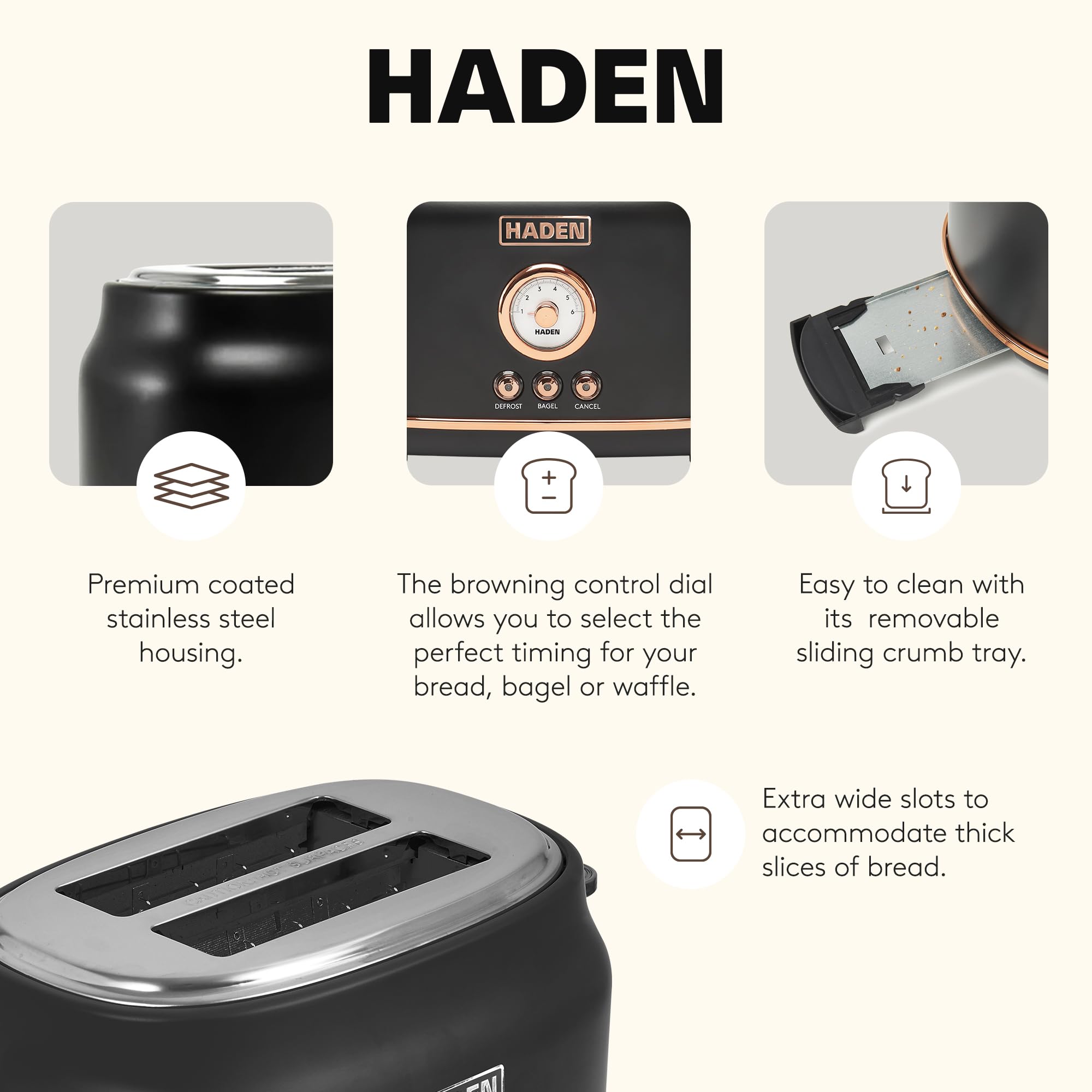 Haden Dorset 2-Slice Wide-Slot Toaster, Stainless-Steel Bread Toaster with Adjustable Browning Control, Crumb Tray & Non-Slip Feet, Black & Copper