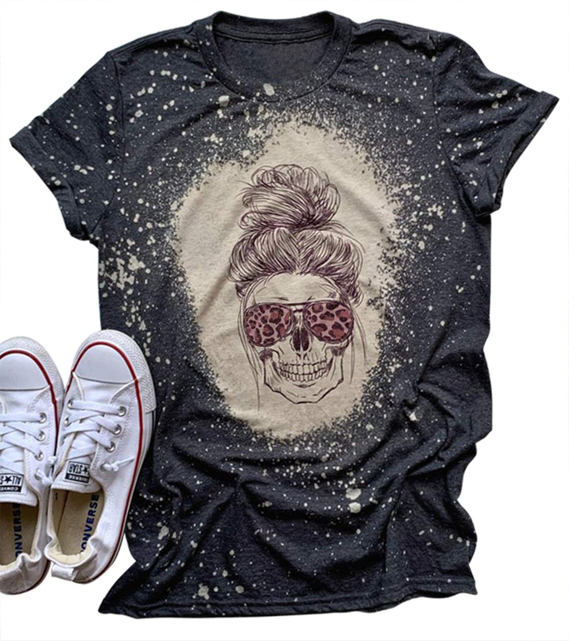 CHUNTIANRANSkull Vintage Bleach Dye T Shirts for Women Funny Leopard Skull Graphic Shirts Tee Casual Messy Bun Skull Print Tee Tops