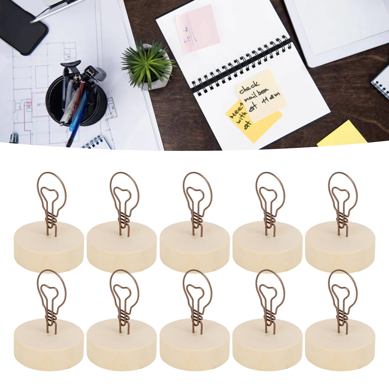 Soporte para tarjetas, 10 unidades, con forma de bombilla, base de madera, clip de notas, simple y bonito adorno de escritorio para fotos y tarjetas, 2.56 pulgadas de alto