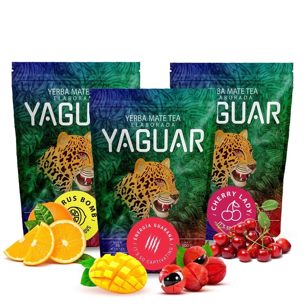 Yaguar Mate Tee Set 1.5kg - Yerba Mate Citrus Bomb, Guarana, Cherry Lady 3x500g - Luftgetrocknet, 18 Monate Gereift für Milden Geschmack - Hoher Koffeingehalt - 100% Natur