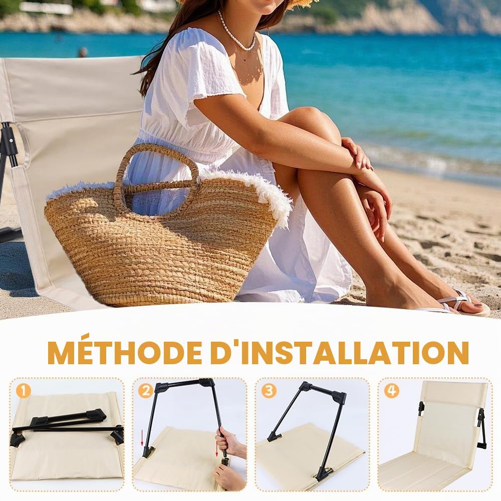 Tapis De Plage avec Dossier, Oxford Tapis De Plage Pliable, Légère Matelas De Plage Pliable avec Sac de Transport, TChaise de Plage Tapis de Plage avec Dossier pour Jardin Camping Pique-Nique