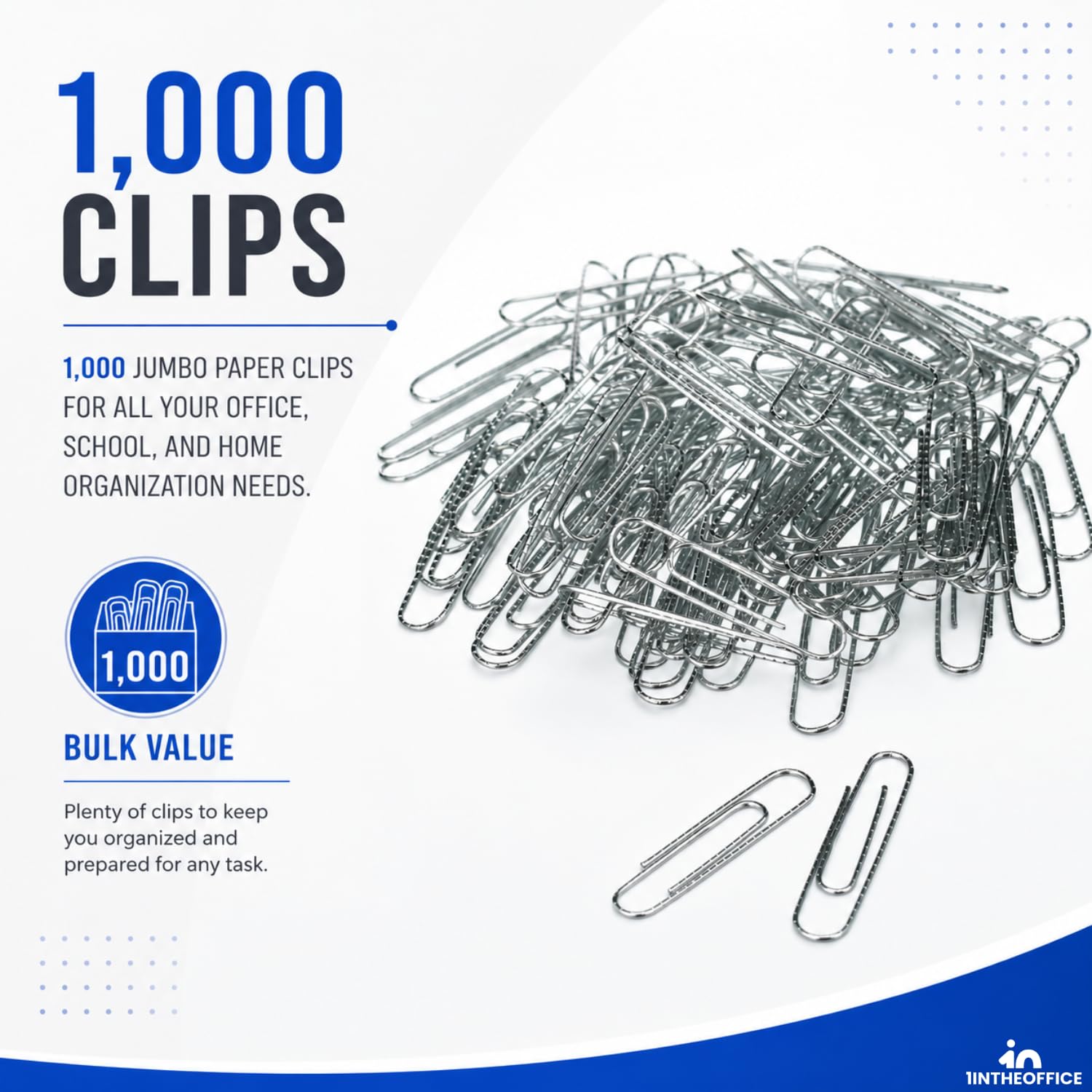 1InTheOffice Clips de papel jumbo, plateados, antideslizantes, 1 3/4,1000/paquete
