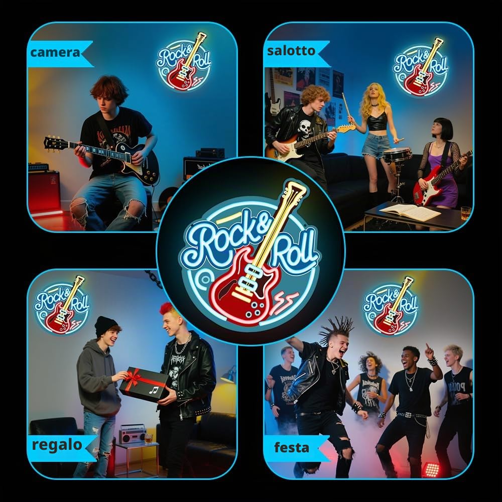 RuCvixkt Rock Roll Segno Neon per Decorazione Murale, LED Dimmabile con Chitarra Rock Roll per Studio Musicale, Salone, Bar, Club, Regalo per Ragazzi Ragazze Amanti della Musica