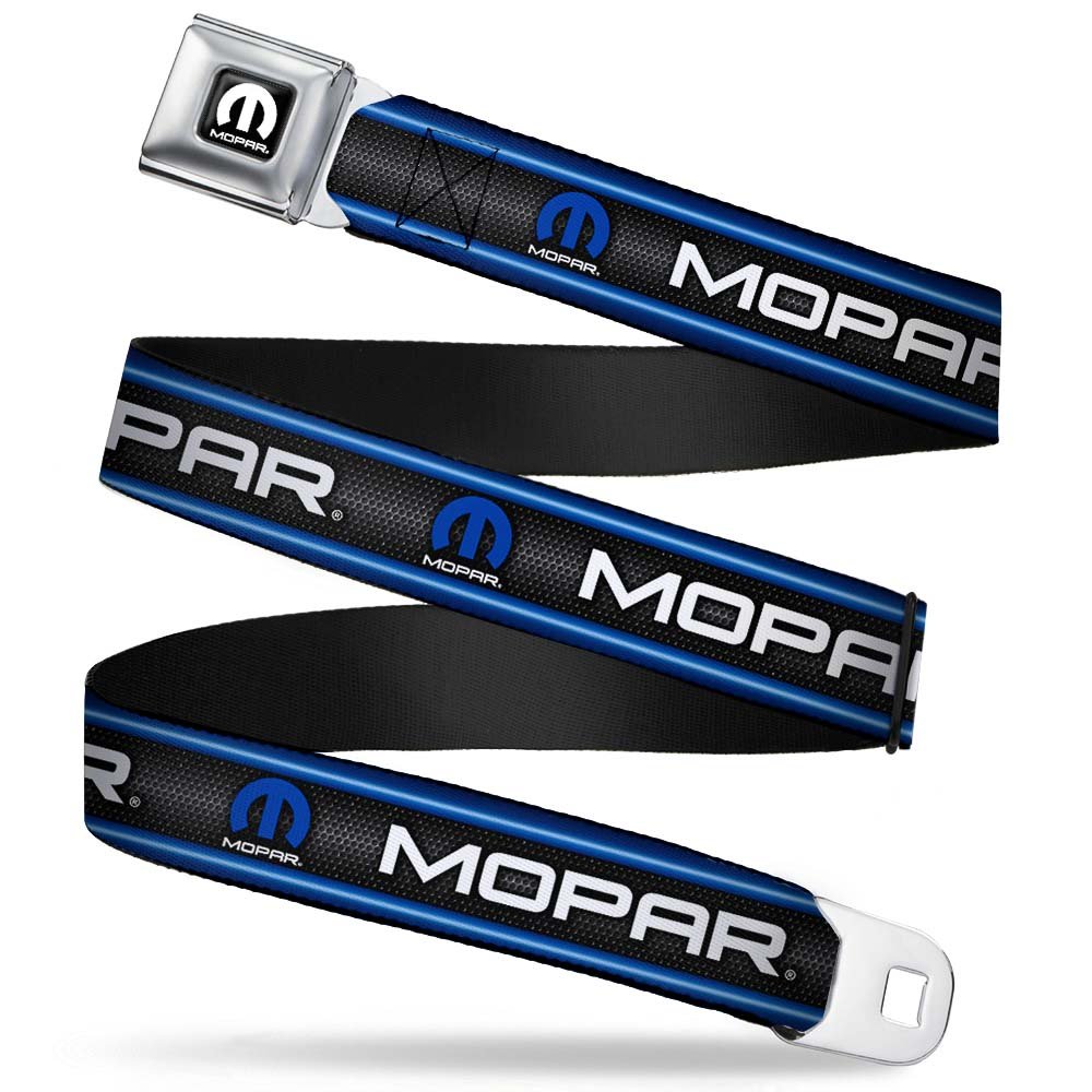 Buckle-Down Seatbelt Belt MOPAR, Black/Grays/Blue Glow/White, 1.5" Wide, 24-38"