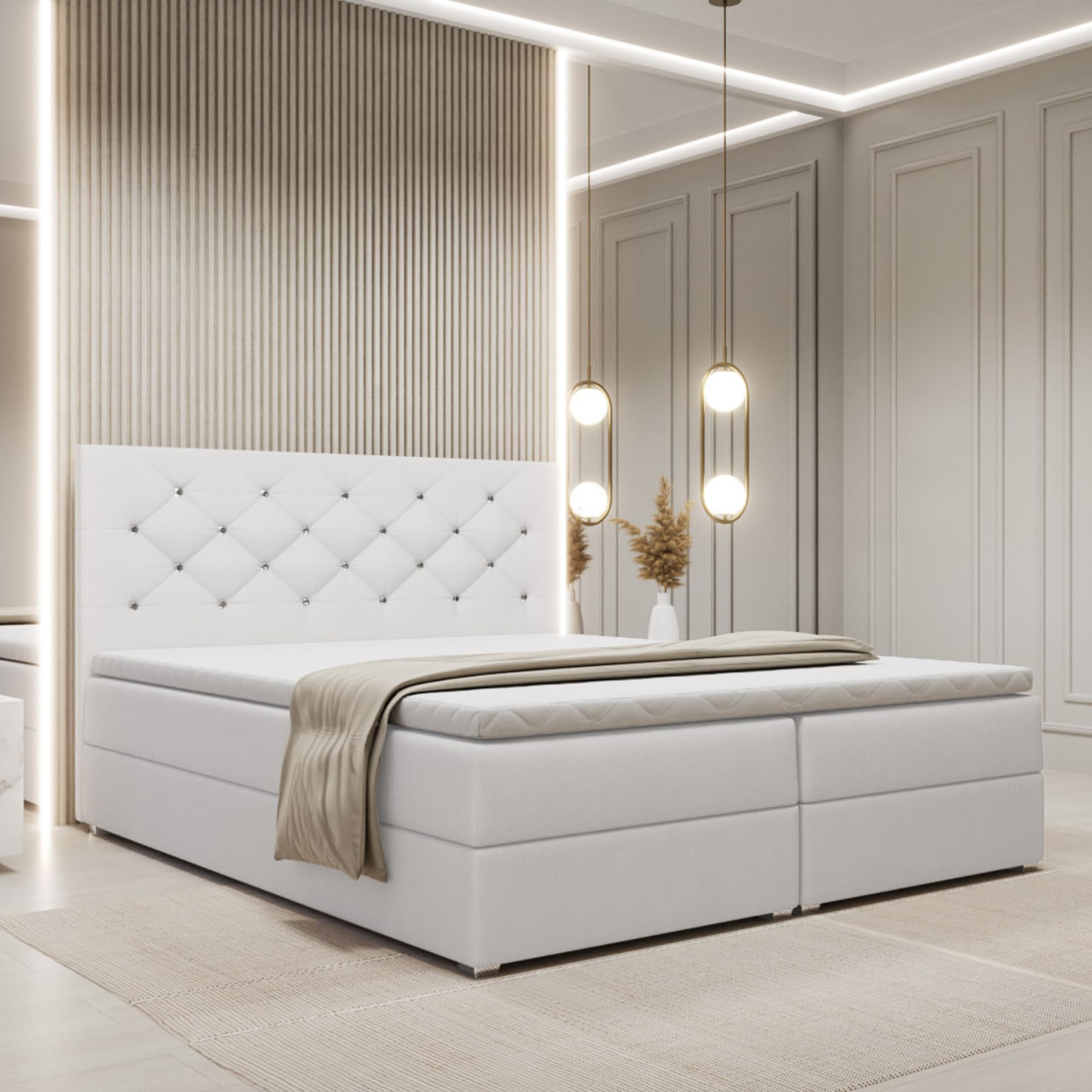 Boxspringbett mit 2 Bettkästen und Taschenfederkernmatratze H3, Bett mit Zierknöpfen am Kopfteil, Topper-Matratze 3cm, verstärkter Rahmen, weiß Plüsch, 160x200cm - Fano