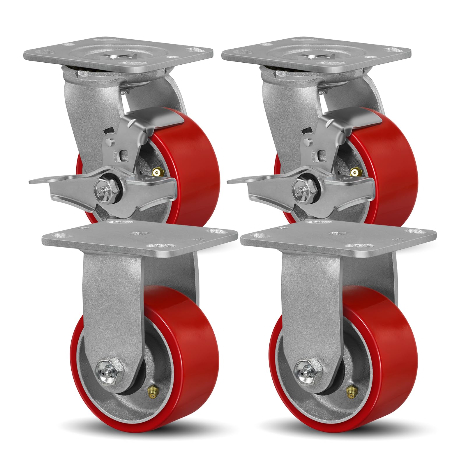 SY America 4" X 2" Caster Wheels - Heavy Duty Industrial Casters, Non-Marking Polyurethane on Silver Cast Iron Core Wheel, 2 Rigid 2 Swivel Top Lock