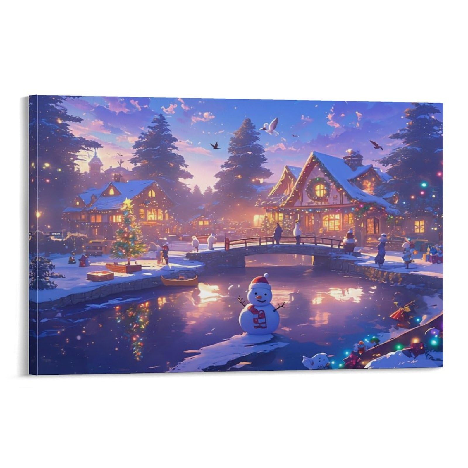 CPLVKWRQJ Winter Village Scene Single Snowy Town Framed Canvas Wall Art - Kitchen Removable Wall Art Multi-Purpose Focal Point Decor 16x24inch(40x60cm)