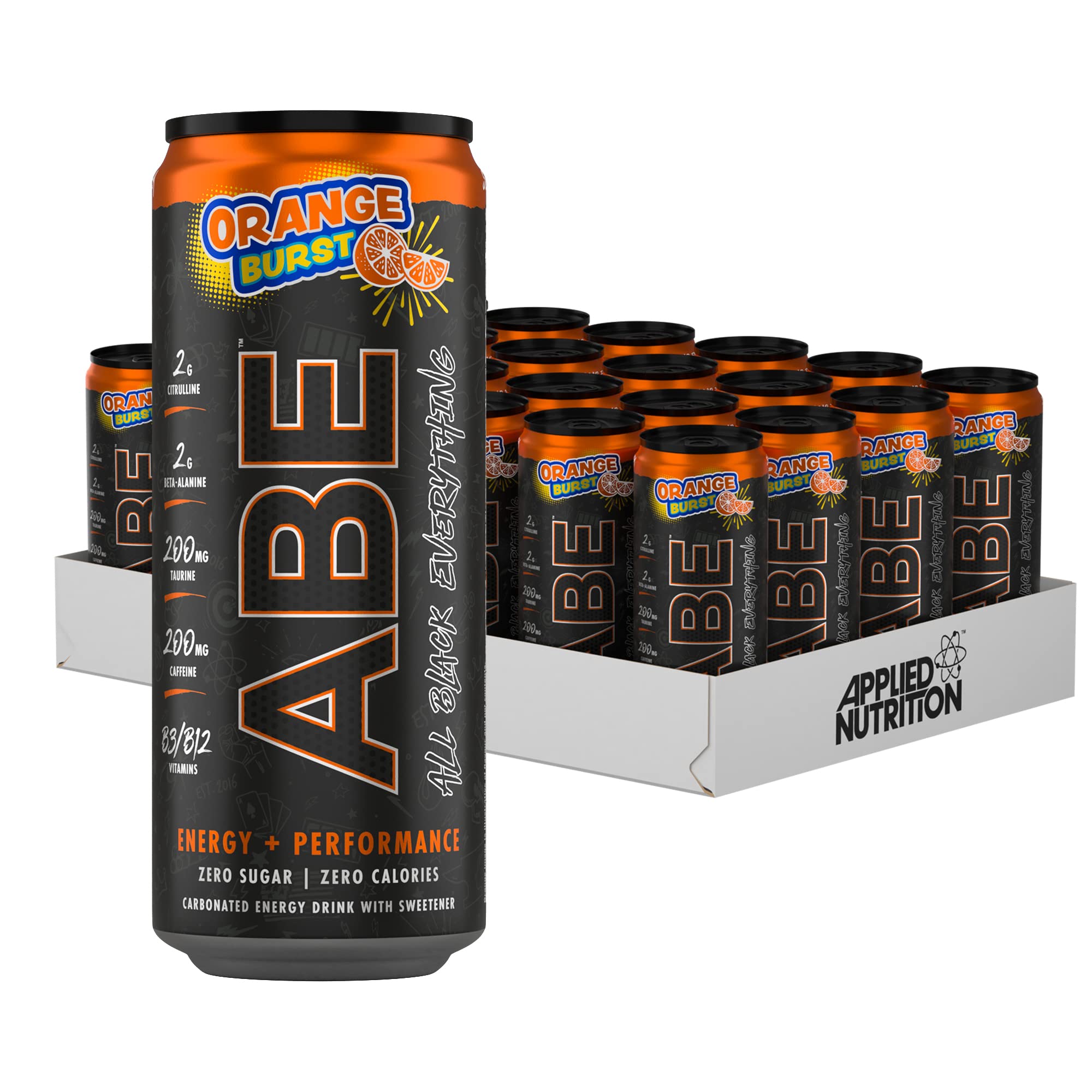 Applied NutritionABE Pre Workout Cans - All Black Everything Energy + Performance Drink, ABE Carbonated Beverage Sugar Free with Caffeine (Pack of 24 Cans x 330ml) (Orange Burst)