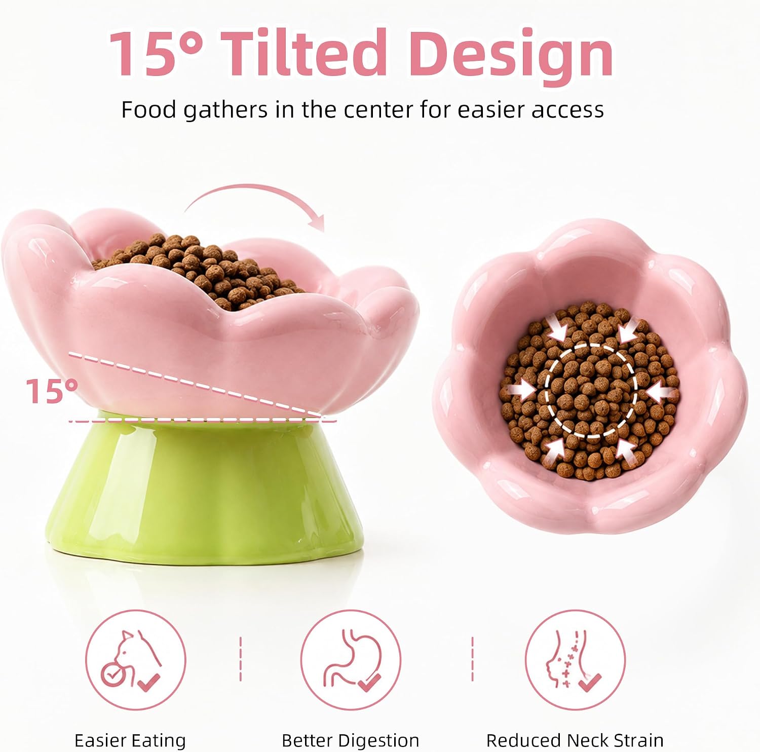 Casfuy Tulip Shape 15° Tilted Whisker-Friendly Elevated Ceramic Cat Bowl
