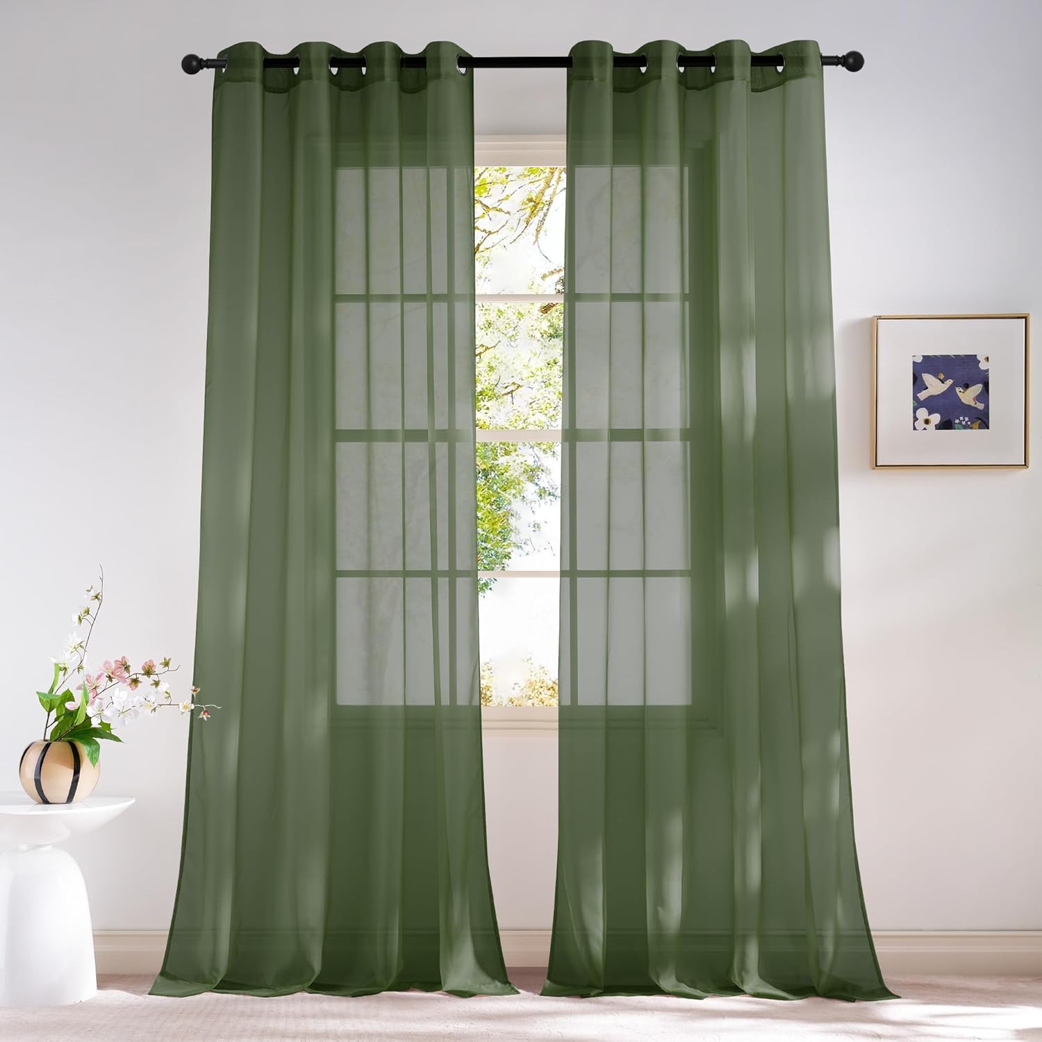NICETOWN Forest Green Sheer Curtains 96inches Long for Living Room, Grommet Voile Sheer Light Filtering Window Treatments for Bedroom, Sage Green, W54 x L96, Set of 2