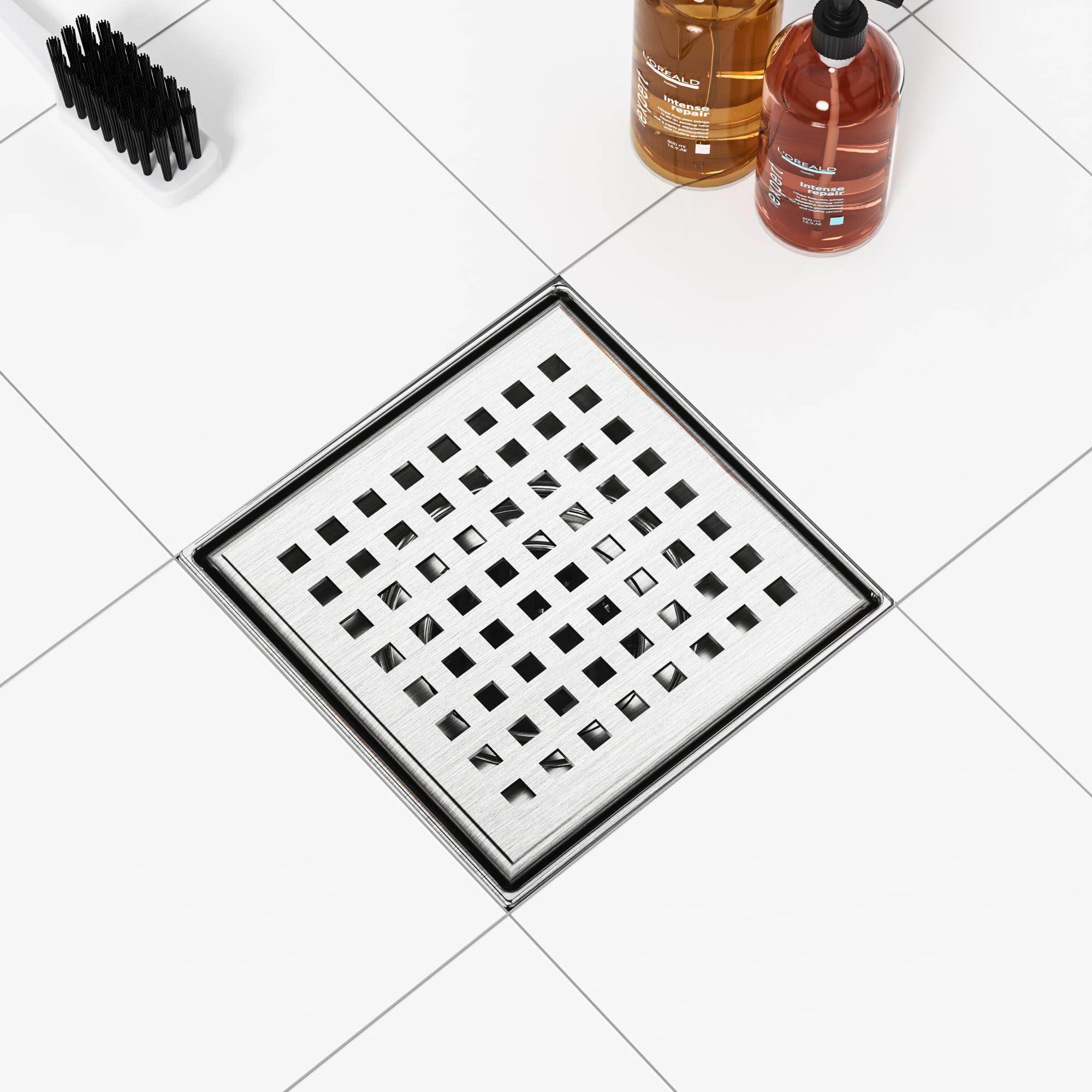 Drenaje cuadrado de 4 pulgadas con rejilla extraíble de patrón cuadrado, base de drenaje de PVC y junta de goma para drenaje de piso de baño, acero inoxidable cepillado 304, incluye colador de pelo. 6