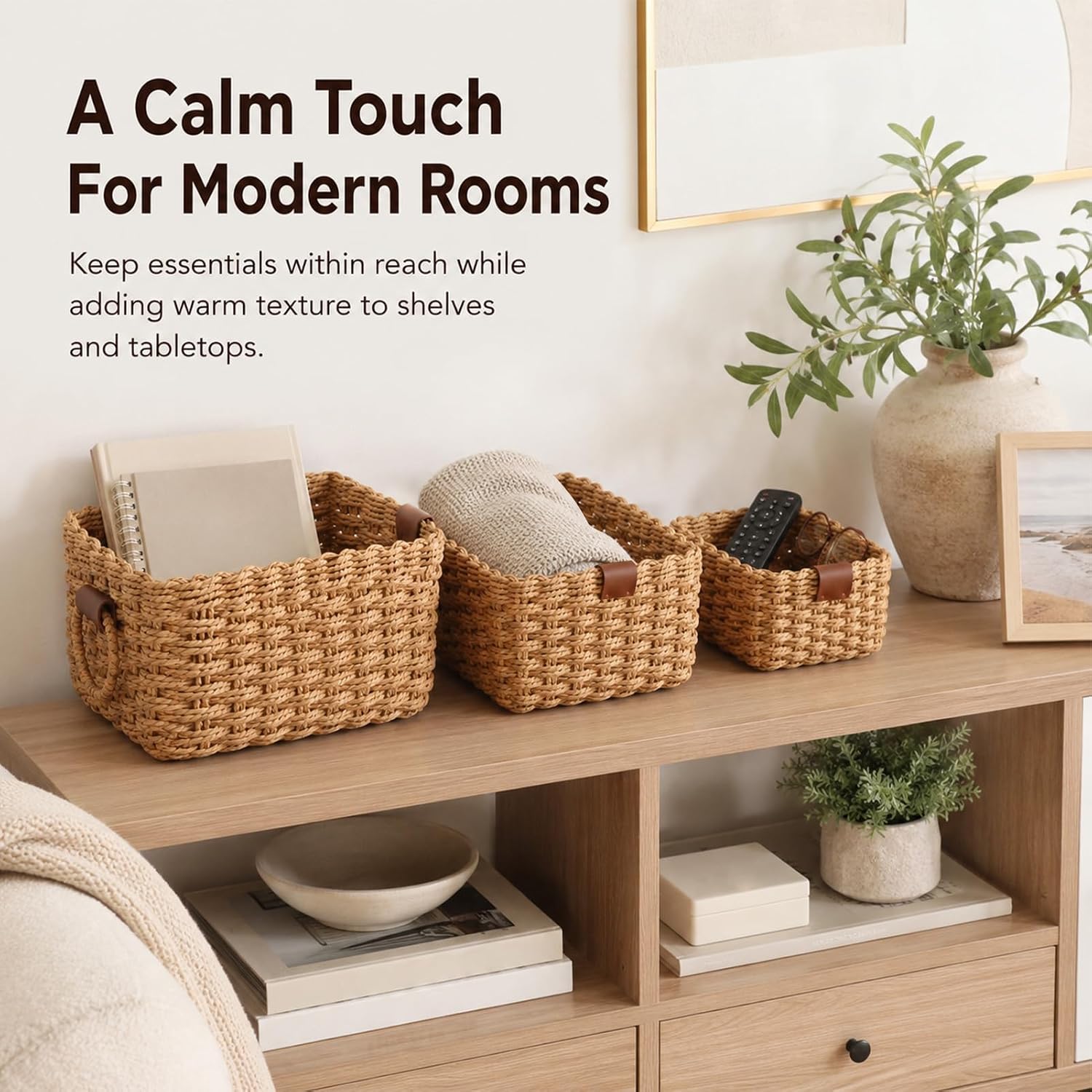 Wicker Storage Baskets, Handwoven Paper Rope Shelf Baskets image 3