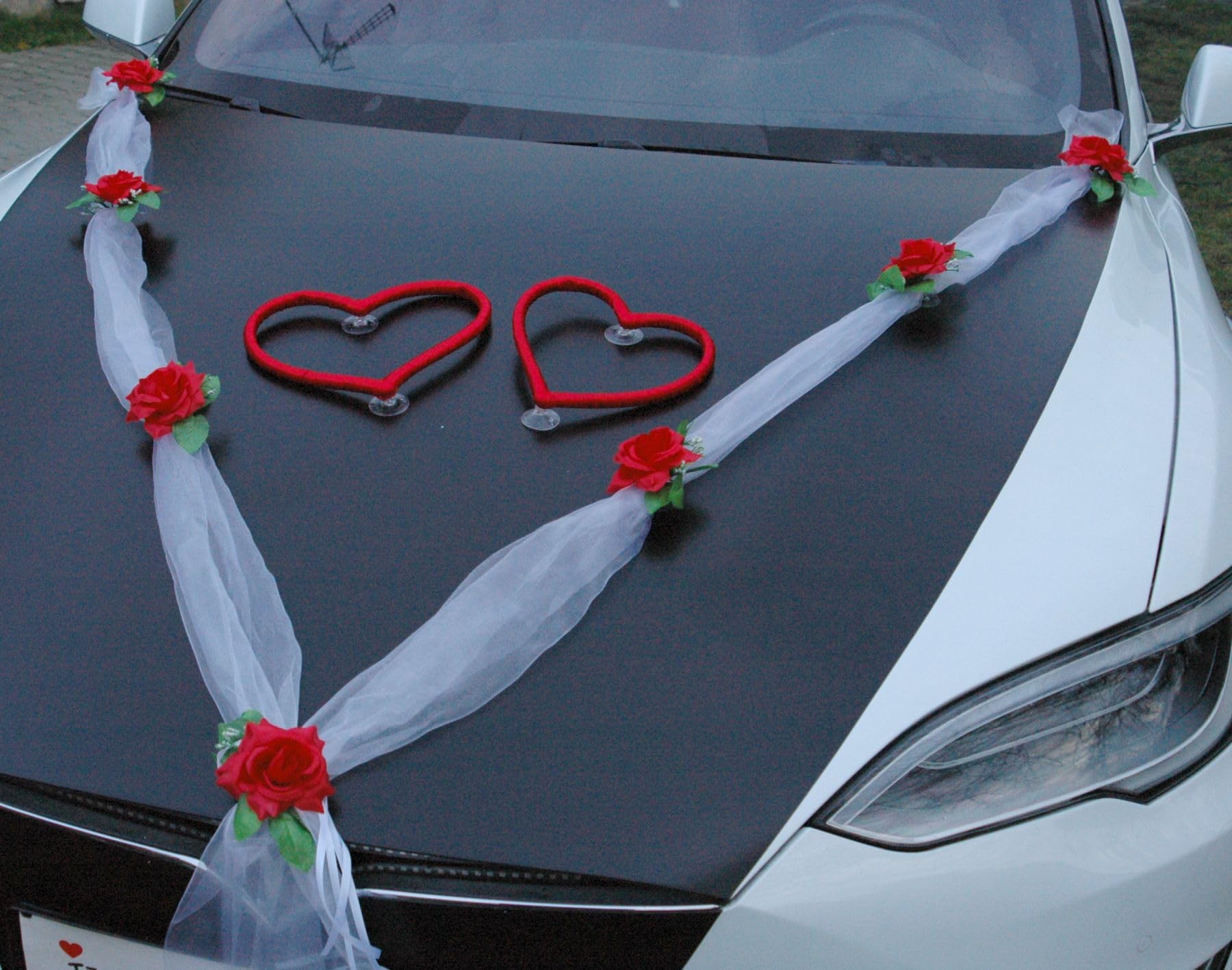 HERZSCHMUCK Décoration de voiture pour couple de mariés - Rose - Décoration de voiture de mariage - Guirlande de voiture (M rouge blanc)