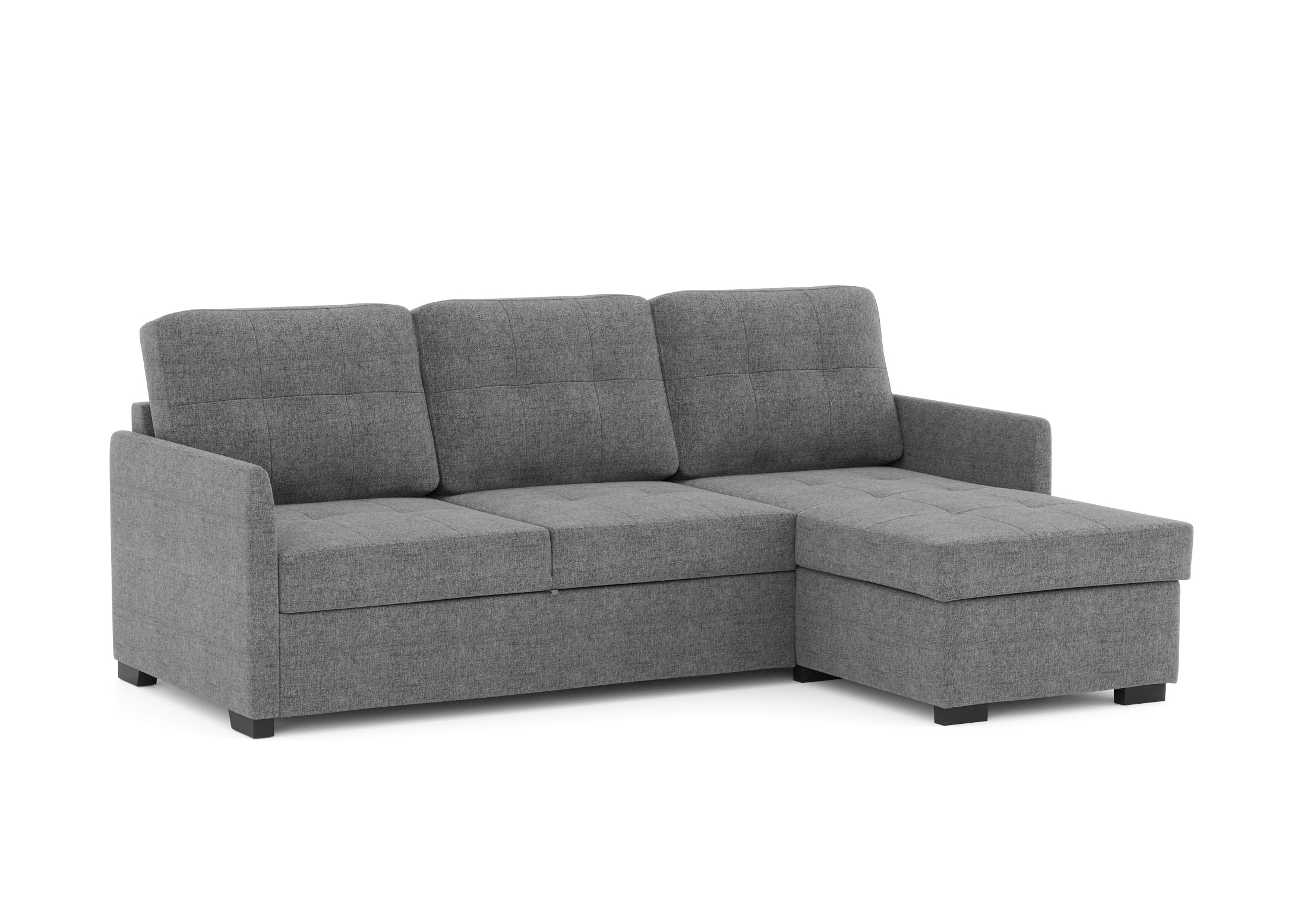 BUDWING Enzo Sofá Cama Esquinero 4 Plazas – Chaise Longue Reversible, Arcón de Almacenaje y Respaldo Reclinable – Estilo Contemporáneo, Tejido 100% Poliéster – 230x147x94 cm – Gris