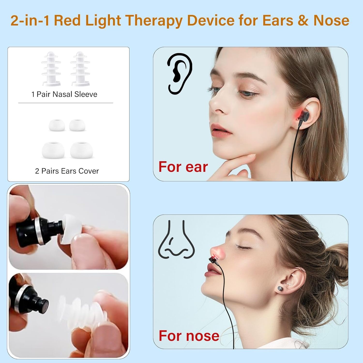 Upgraded 2 in 1 Ears & Nasal Wellness Red Light Therapy, Tinnitus Relief for Ringing Ear Therapy Device, Neck Hanging Redlight Earbud with Washable Silicone Covers & Sleeves, 30-min Auto Off - Image 2
