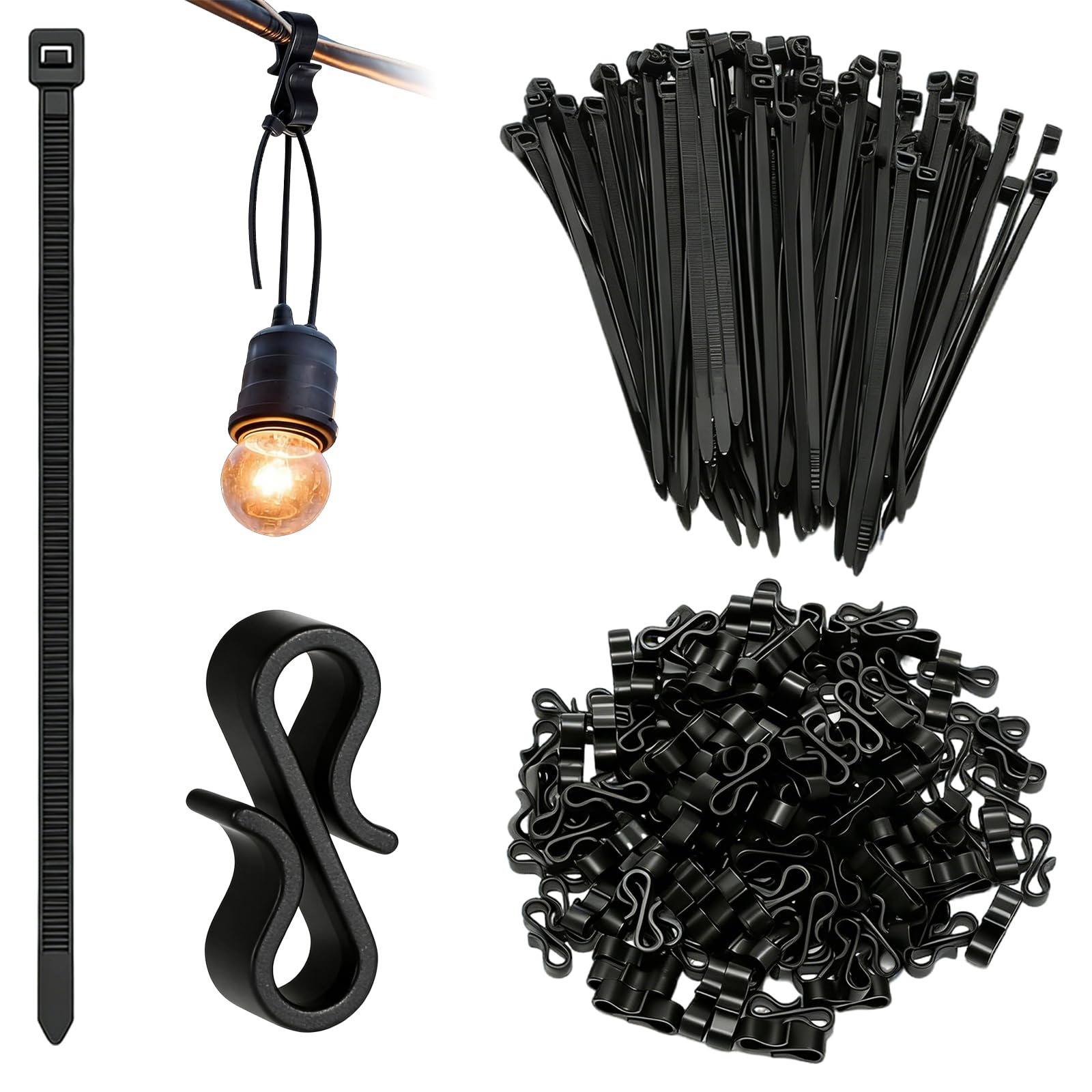 Flhlxzm 150 Pcs Gutter Hooks, Mini Plastic S Clips 100 Zip Ties Black