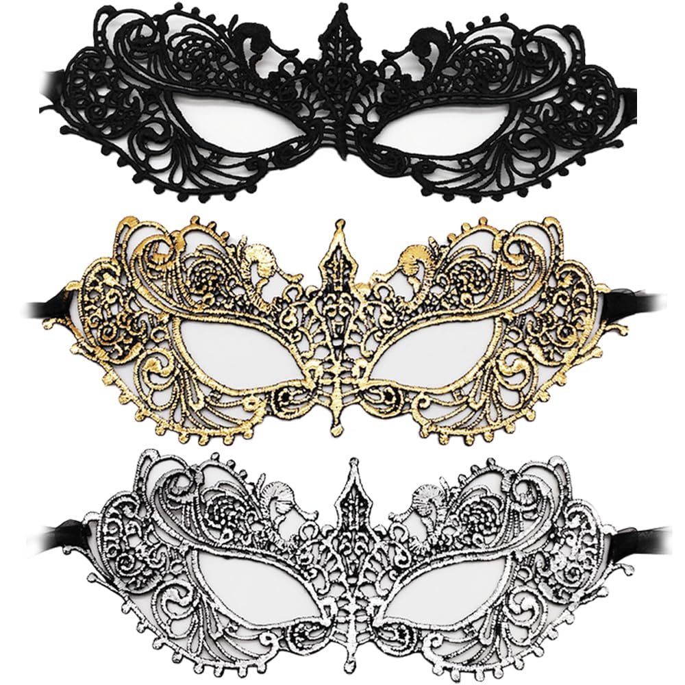 YFTRFR 3 Pcs Venetian Carnival Masks Classic Carnival Masks Suitable for Fancy Dress Parties Halloween Graduation Balls and Formal Costume Parties for Women and Couples Sexy Black Lace Half-Face