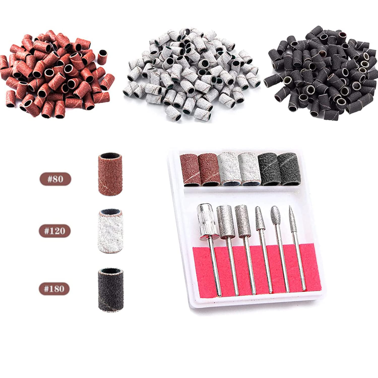 Luckaide Schleifhülsen Nagelfräser Set - 300 Stück Schleifkappen, 6 Aufsätze, 80/120/180 GRIT Bits für Maniküre Pediküre Nagelpflege