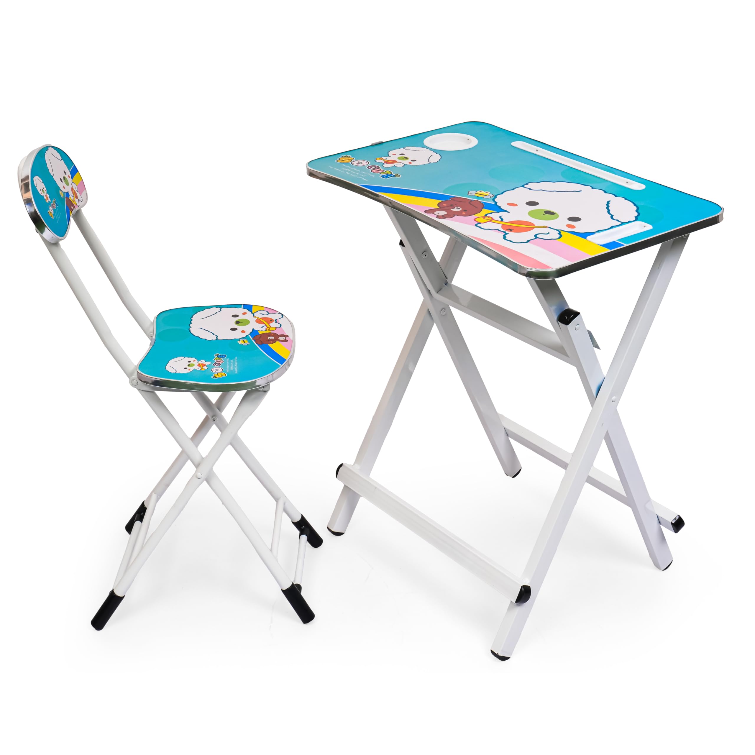 UNIQ. Blue Kids' Table and Chair Set – Foldable Study Desk with Cartoon Graphics, Tablet Slot, and Cup Holder for Toddlers-image-48
