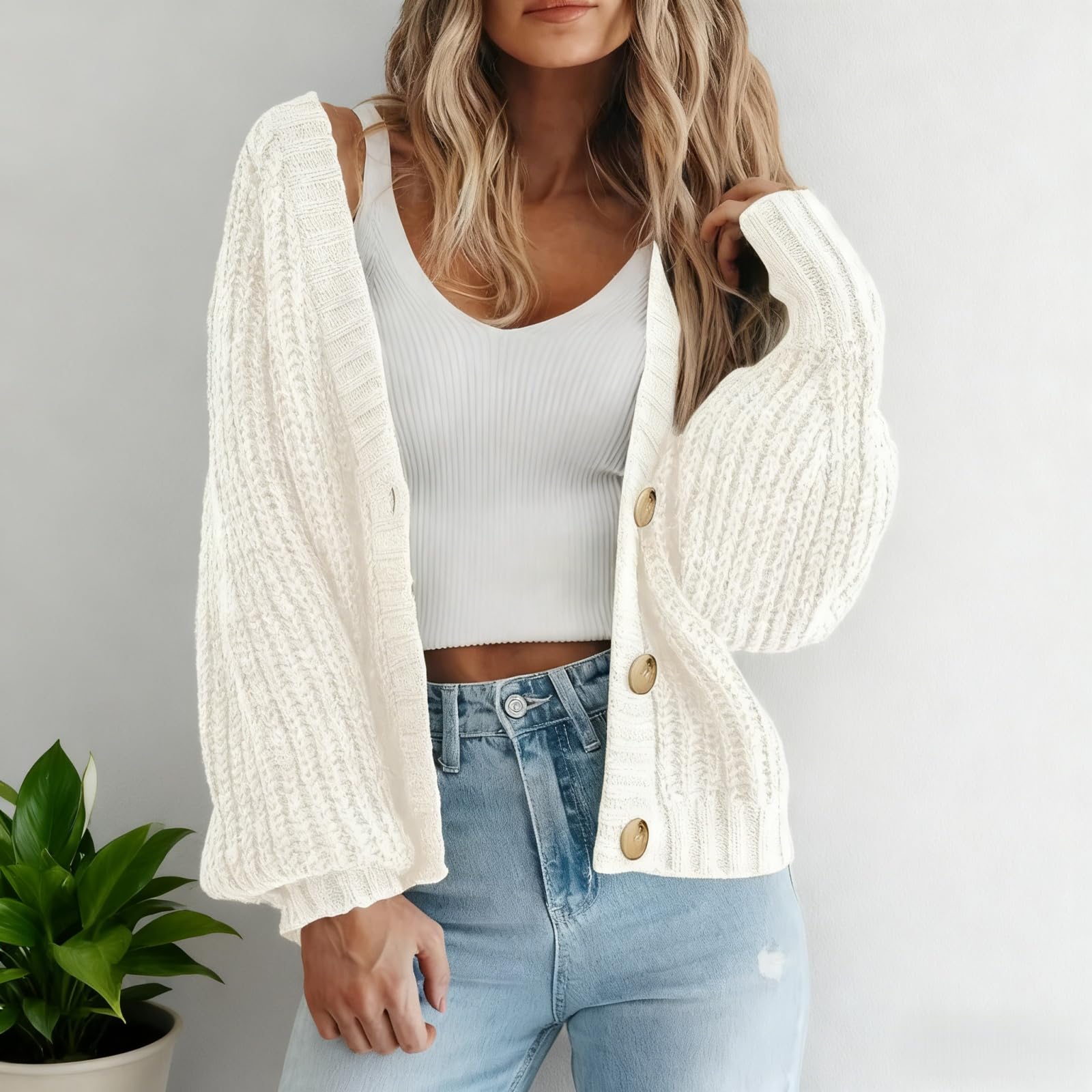 Knit Button Cardigan Womens Loose Short Length Chunky Cozy Layer for Autumn and Winter Office and Casual Looks