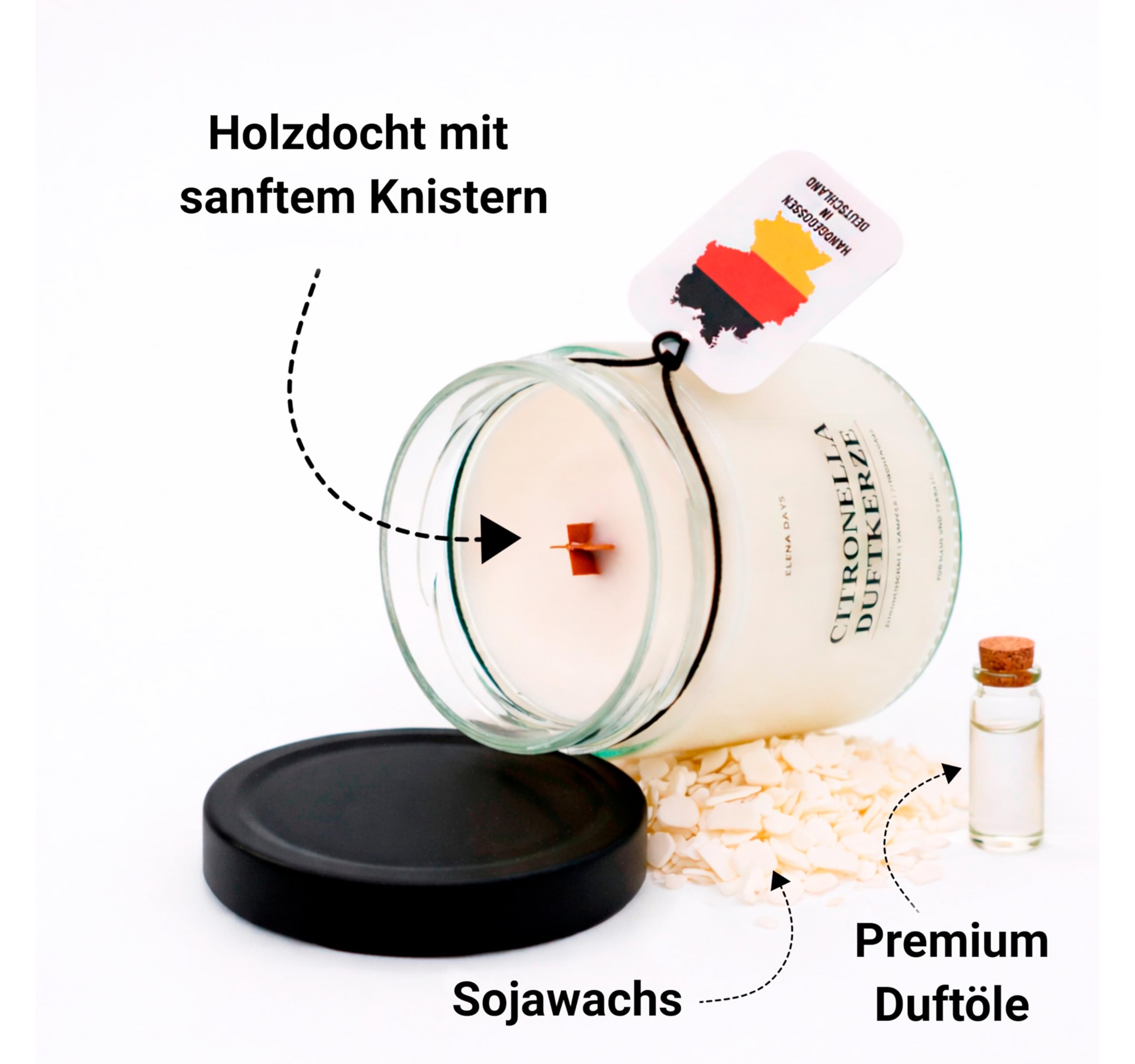Citronella Duftkerze im Glas 300g – Sojawachs Kerze mit Holzdocht, intensiver Duft, Sommer Zitronengras & Zitrone Duft, lange Brenndauer 70h, für Haus, Terrasse & Balkon, Geschenkidee