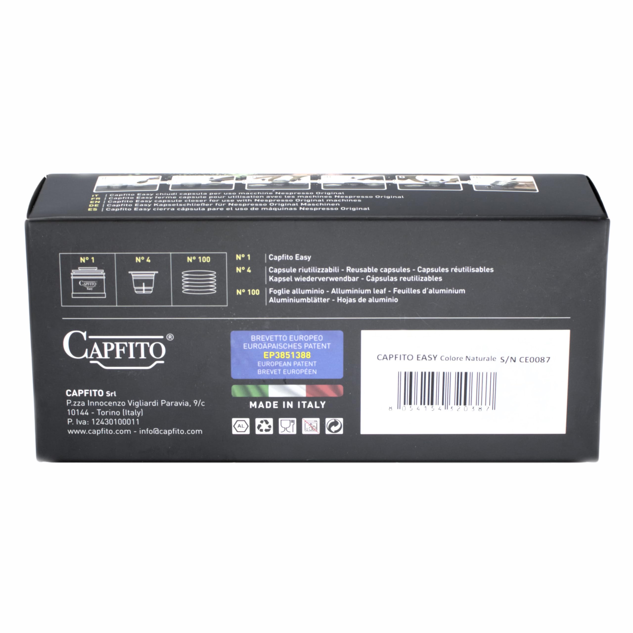 Easy Kit, Cápsula Reutilizable Máquinas Compatible para Nespresso (Original), [1 Capfito Easy + 4 Cápsulas de polipropileno Reutilizables +100 Discos Aluminio] (Gris)