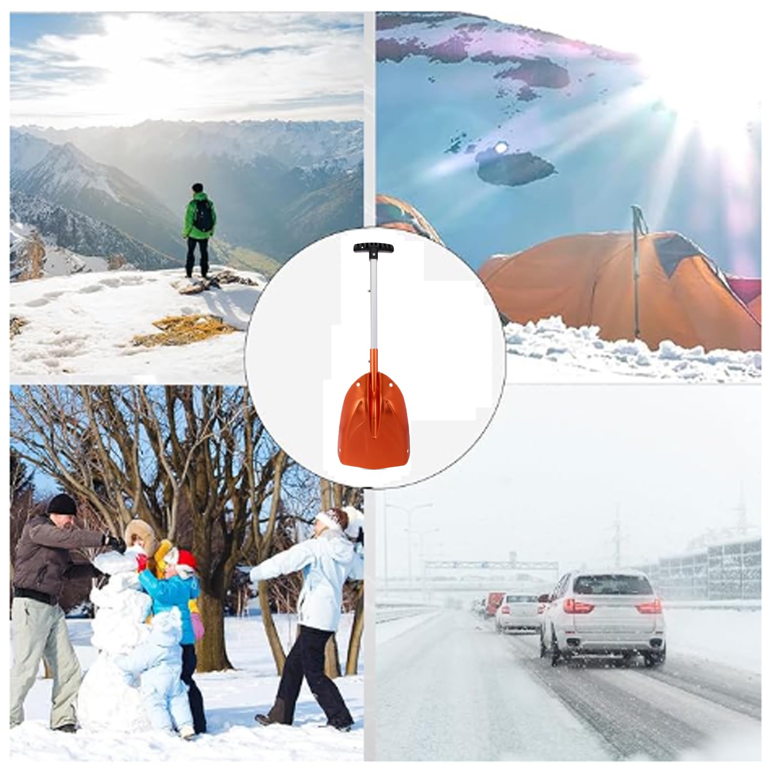 Schneeschaufel-Tragbare multifunktionale Schneeschaufel für den Winter Matériau en alliage d'aluminium Abnehmbare Schneeschaufel mit teleskopierbarem Griff für Auto Garten Outdoor(Orange)