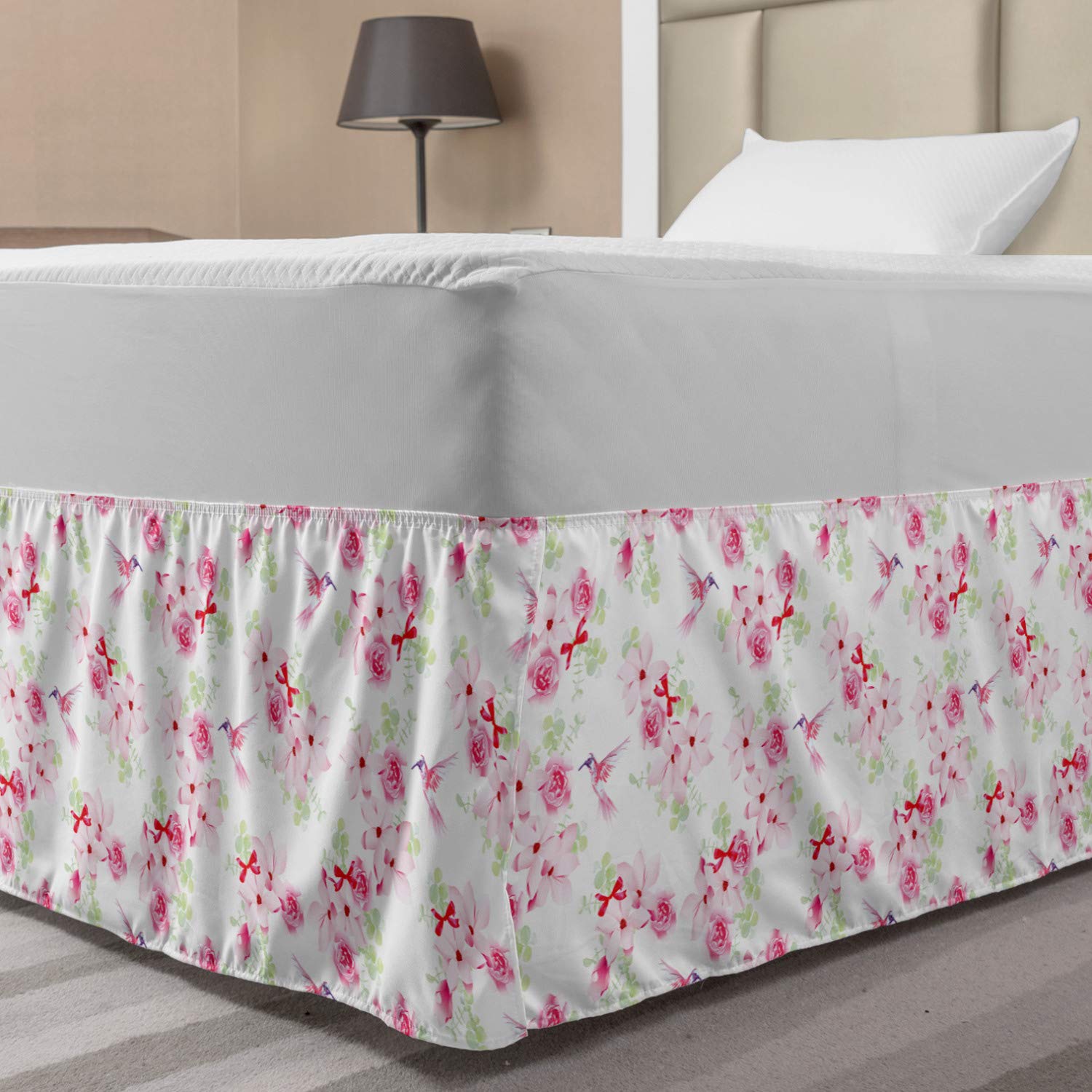 Lunarable Hummingbirds Bed Skirt Bouquets Magnolias Roses Pattern Floral Print Avian Animal Theme Elastic Bedskirt Dust Ruffle Wrap