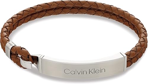 Calvin Klein Men's Leather Bracelet Modern Essential with Braided Leather and Polished ID Plaque