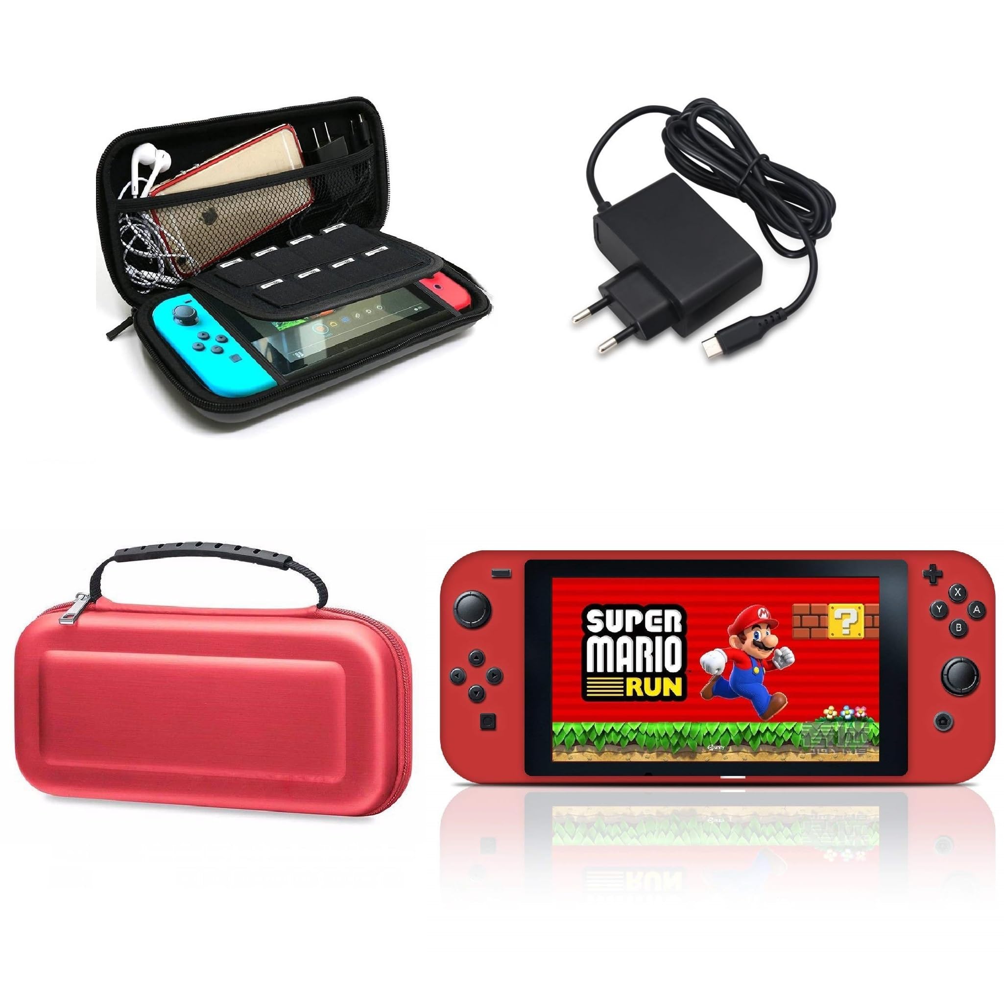 Kit Accessoires pour Nintendo Switch – Chargeur Secteur + Housse Transport + Coque Silicone + Film Écran – Couleurs Aléatoires – Straße Game